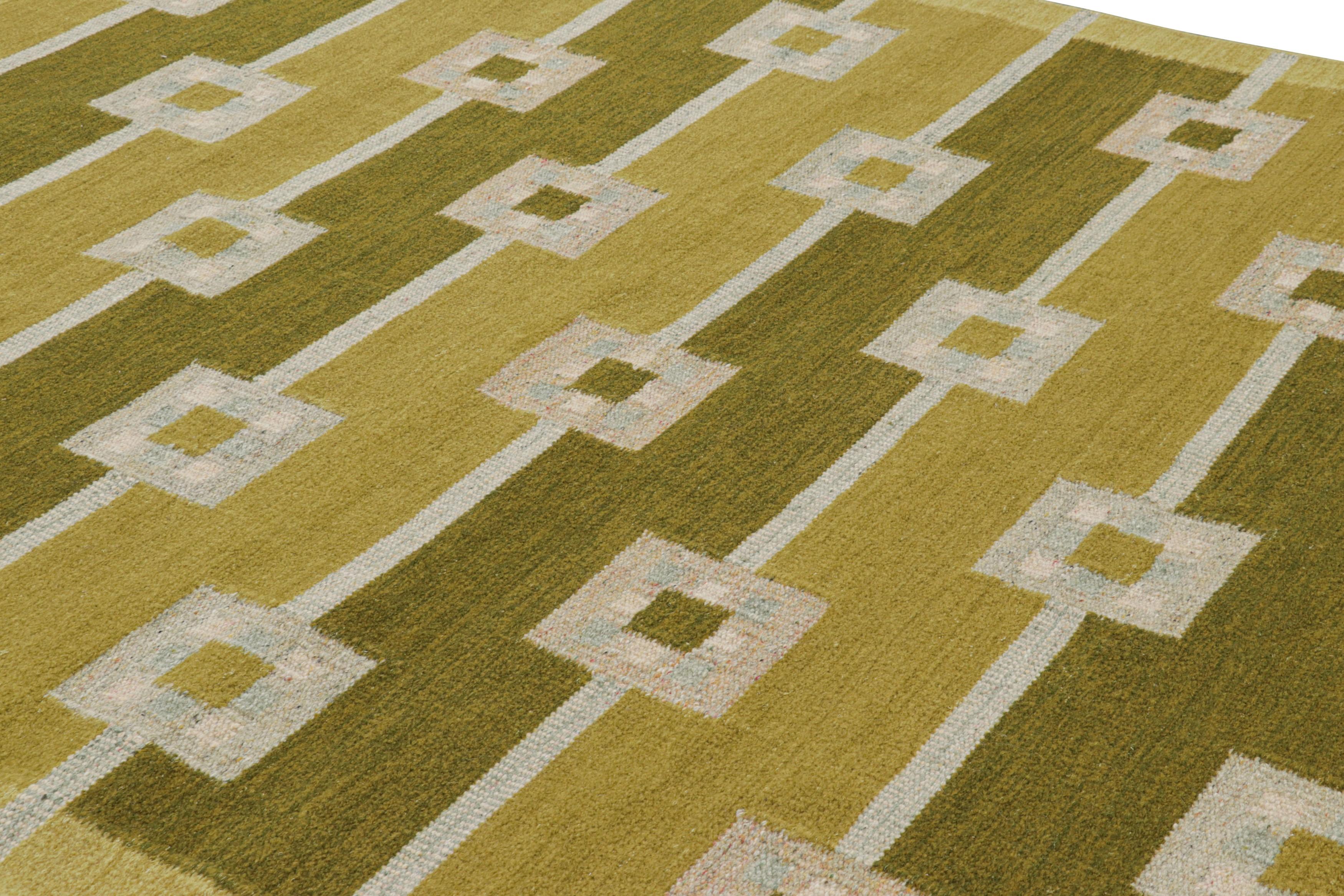Ce tapis contemporain 8x10 est un nouvel ajout à la collection de tapis scandinaves de Rug & Kilim. Il s'agit d'une nouvelle ligne de tissage plat, réalisée avec un luxueux mélange de laine tissée à la main et de fils exotiques inspirés de