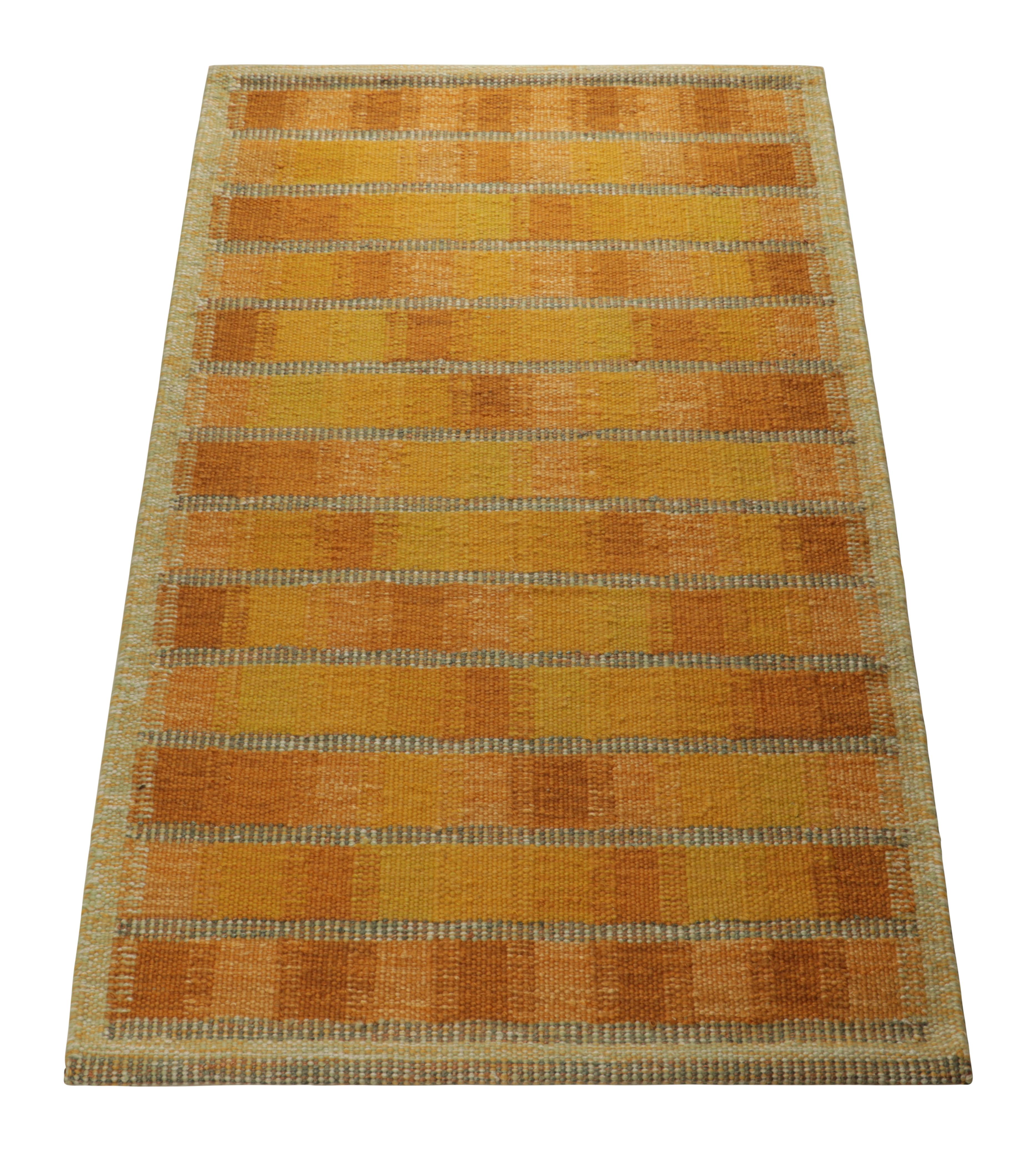 Indian Rug & Kilim’s Scandinavian Style Rug in Gold and Pink, with Geometric Patterns For Sale
