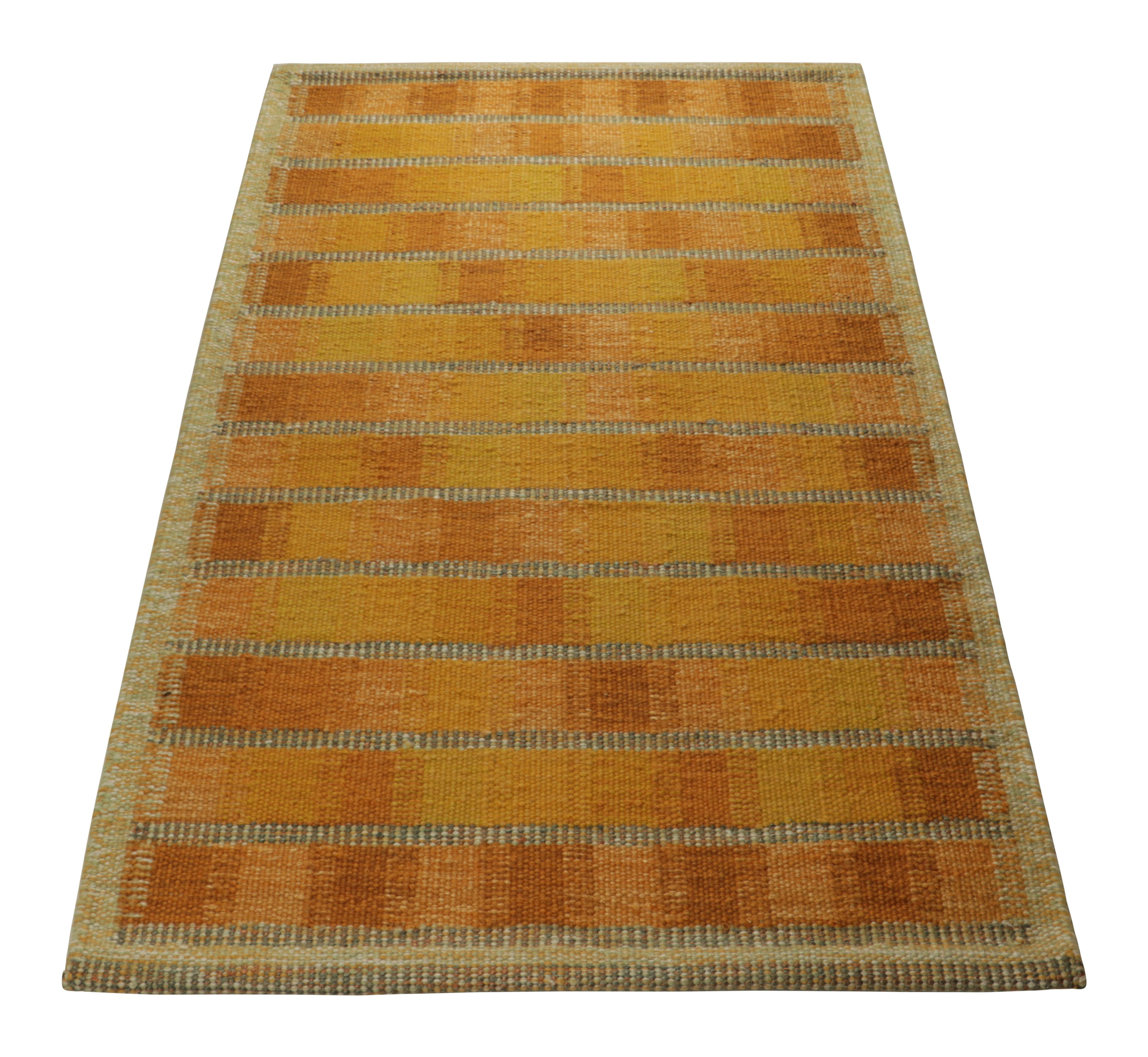 Hand-Woven Rug & Kilim’s Scandinavian Style Rug in Gold and Pink, with Geometric Patterns For Sale
