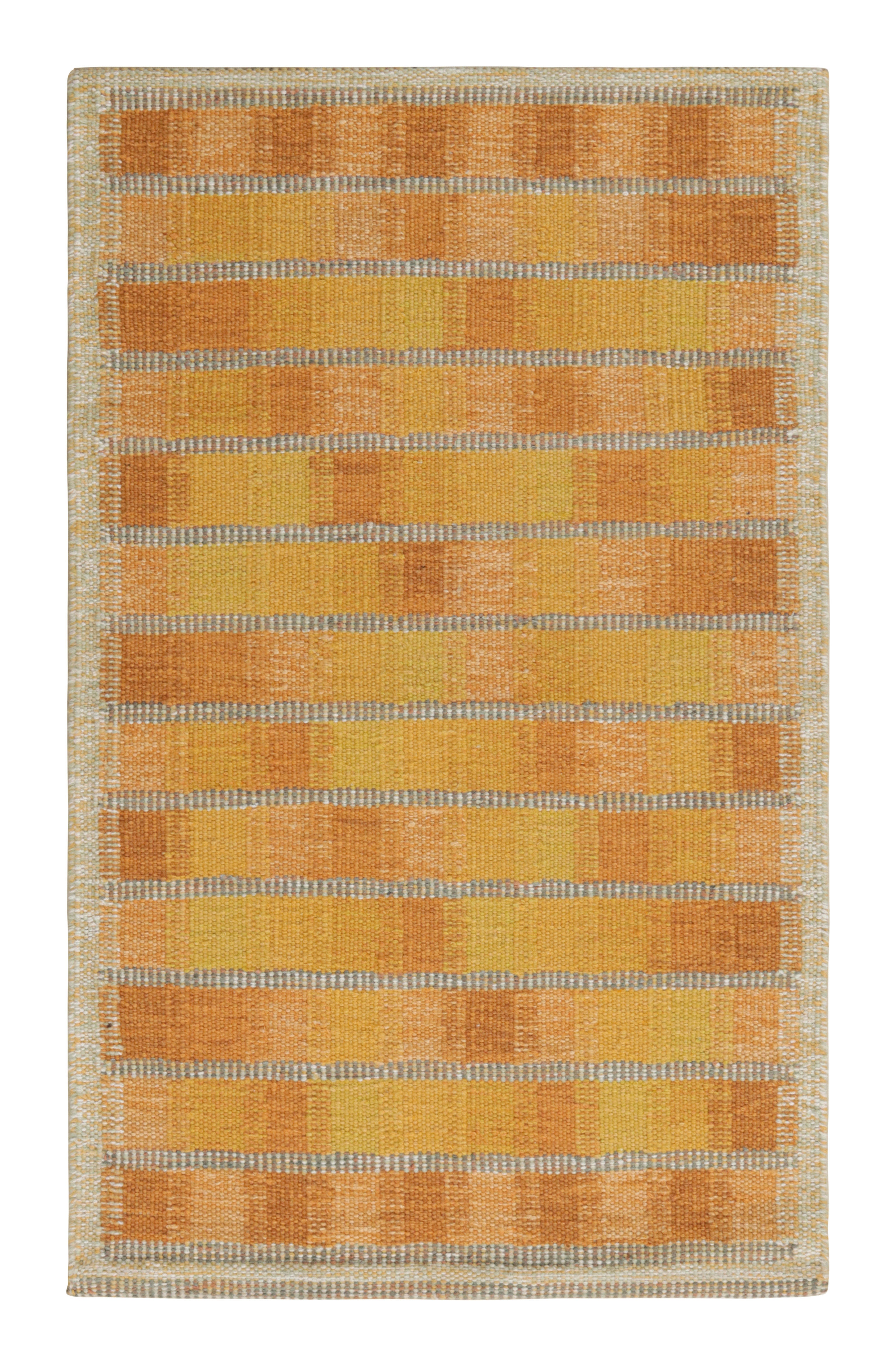 Rug & Kilim’s Scandinavian Style Rug in Gold and Pink, with Geometric Patterns