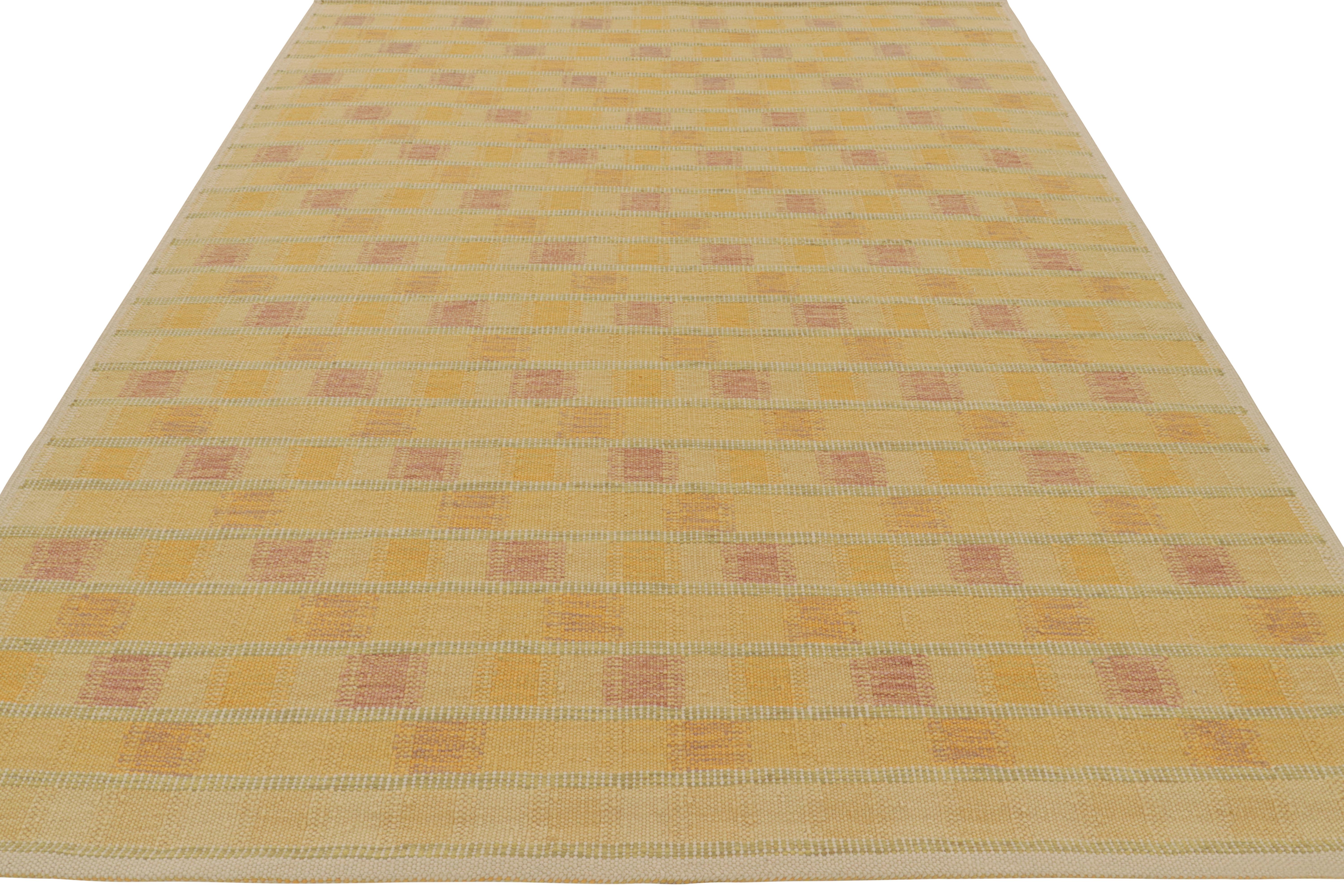 Hand-Woven Rug & Kilim’s Scandinavian Style Rug in Gold, Green and Red Geometric Patterns For Sale