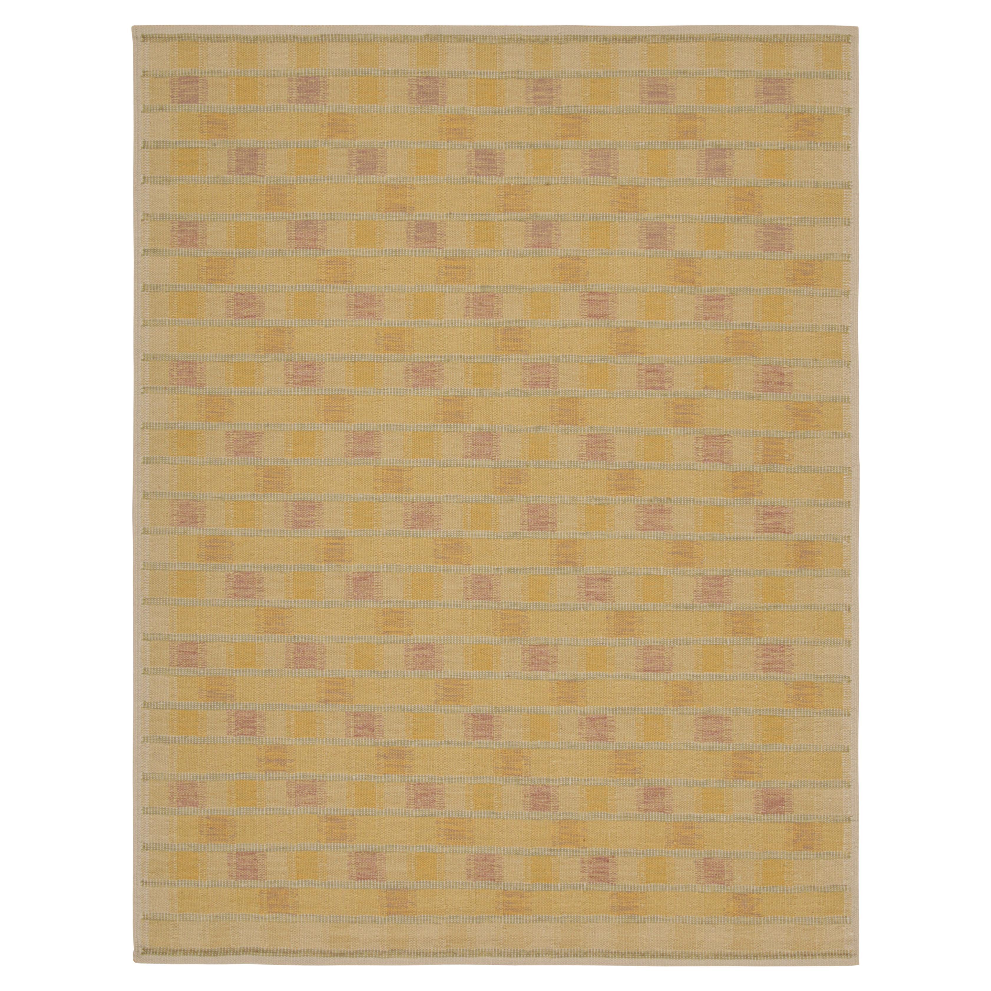 Rug & Kilim’s Scandinavian Style Rug in Gold, Green and Red Geometric Patterns