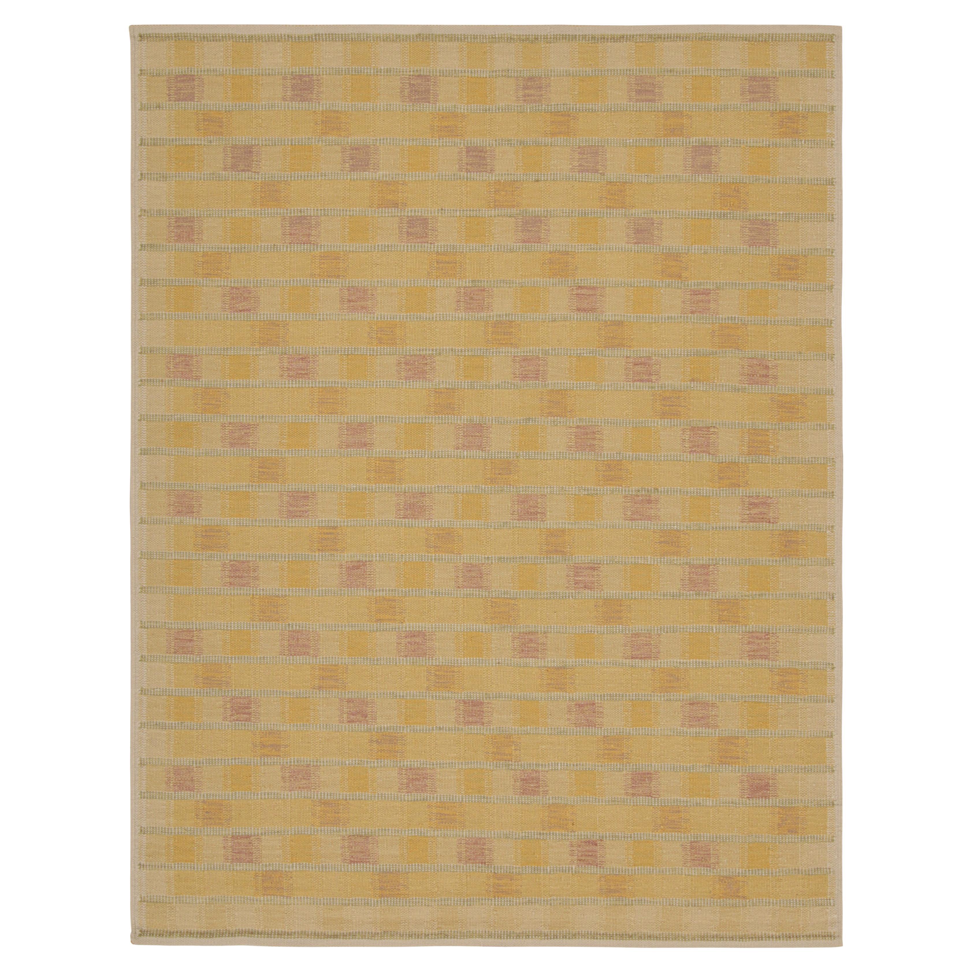 Rug & Kilim’s Scandinavian Style Rug in Gold, Green and Red Geometric Patterns For Sale