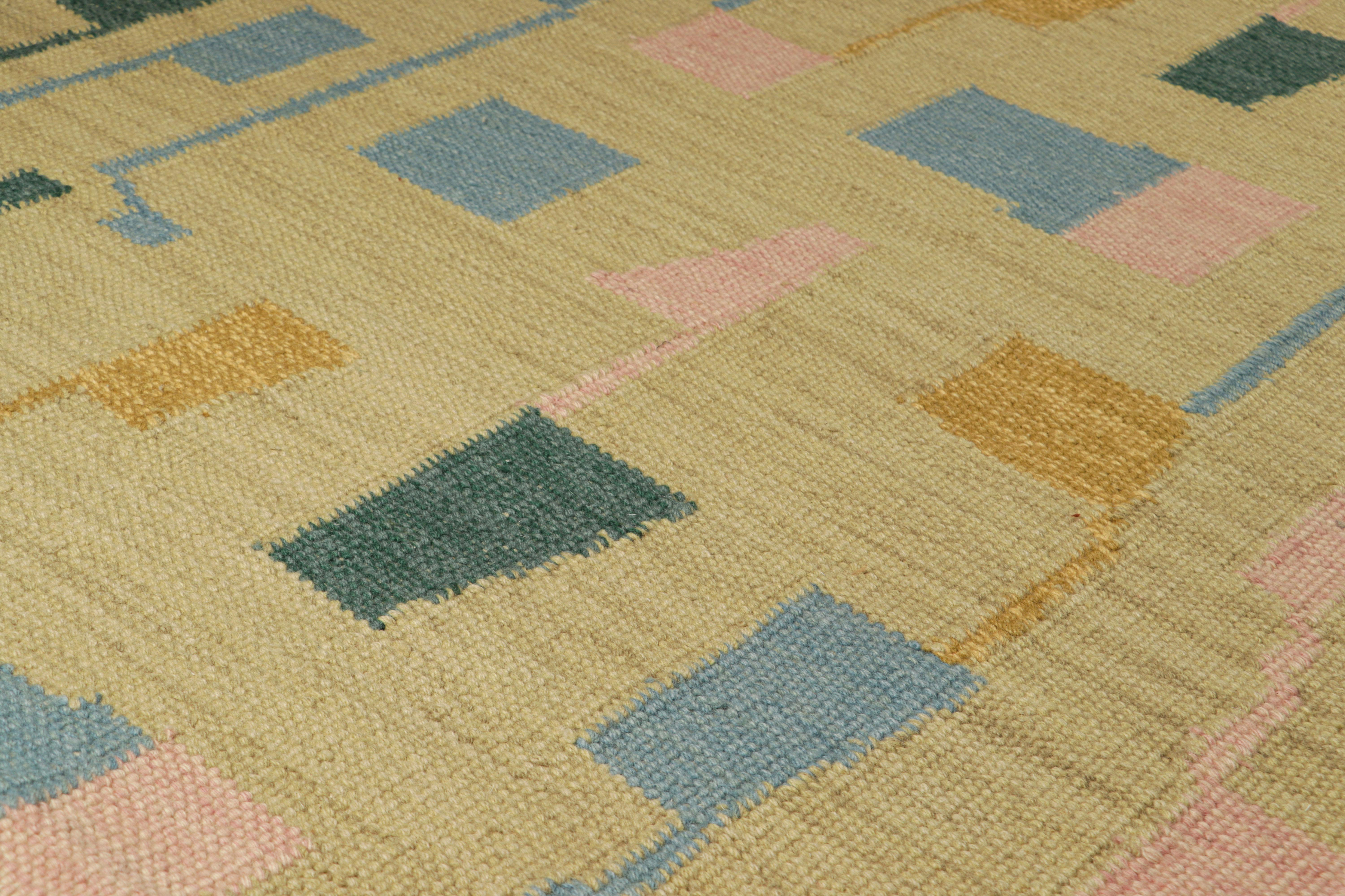 Dieser 4x5 große Akzentteppich im schwedischen Stil ist eine aufregende neue Kollektion von Rug & Kilim in Geschenkgröße und eine mutige Ergänzung der Scandinavian Collection'S. Das handgewebte Flachgewebe aus Wolle mit ungefärbten Naturgarnen ist