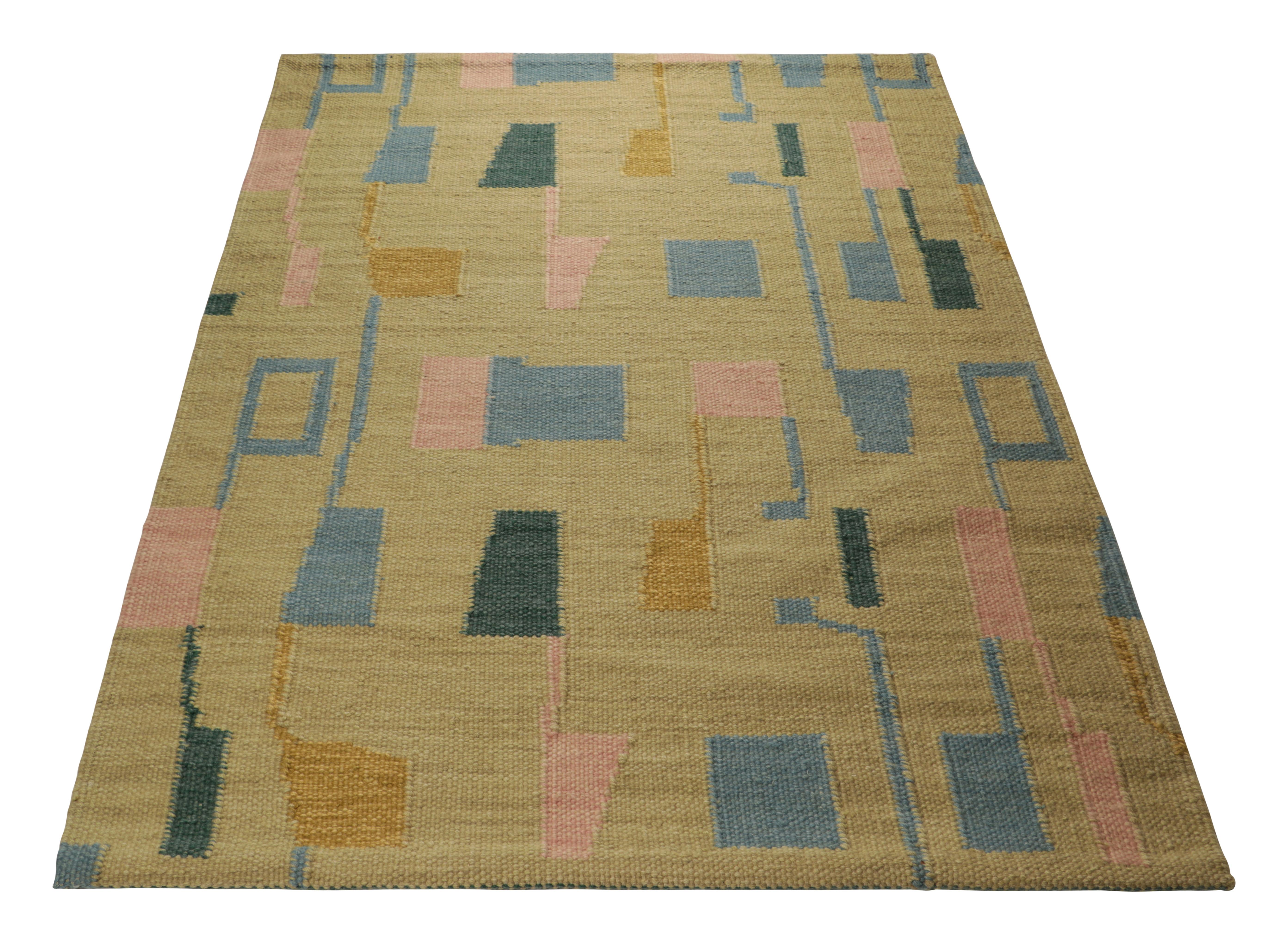 Modern Rug & Kilim’s Scandinavian Style Rug in Gold, with Blue & Pink Geometric Pattern For Sale