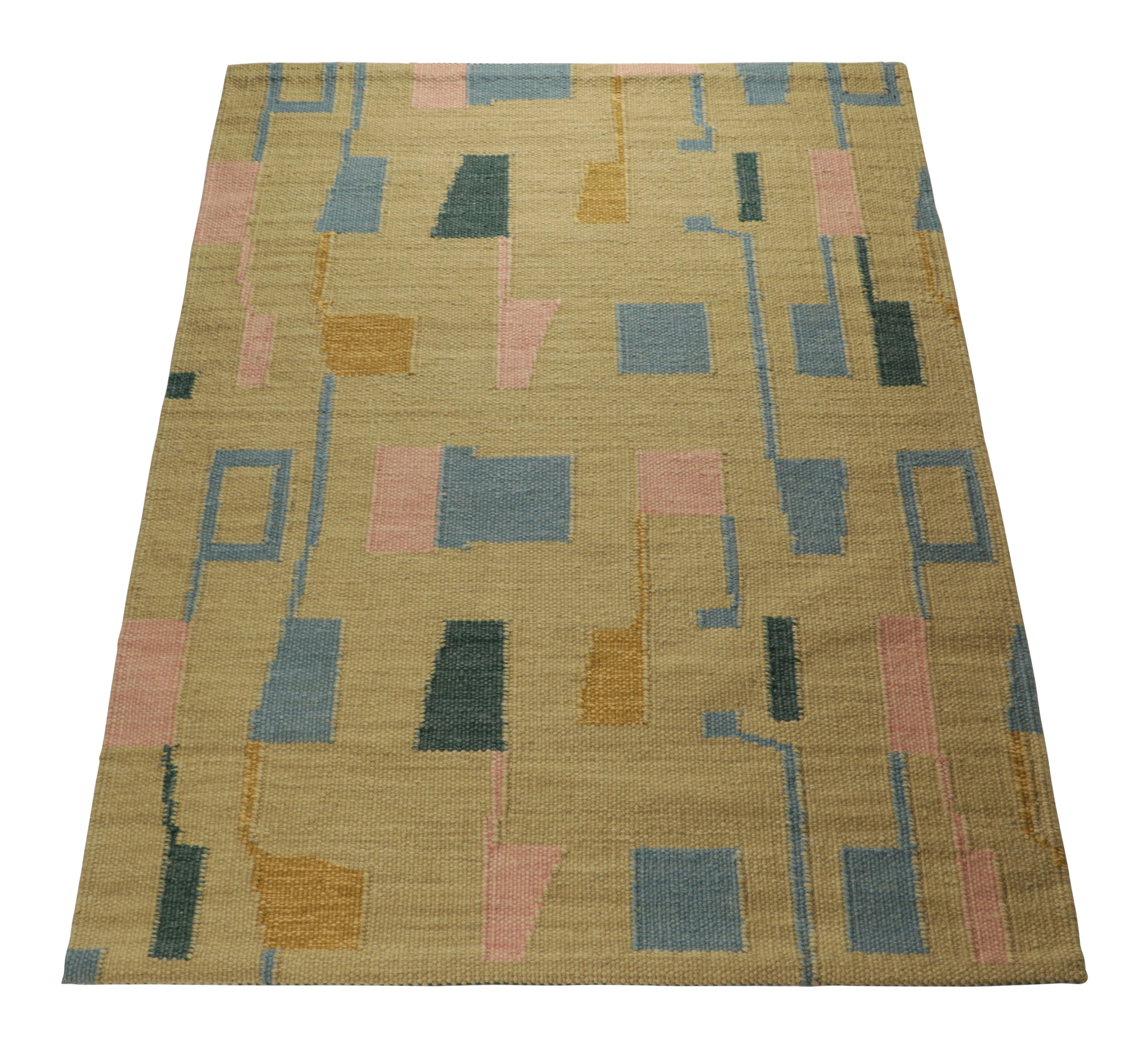 Indian Rug & Kilim’s Scandinavian Style Rug in Gold, with Blue & Pink Geometric Pattern For Sale