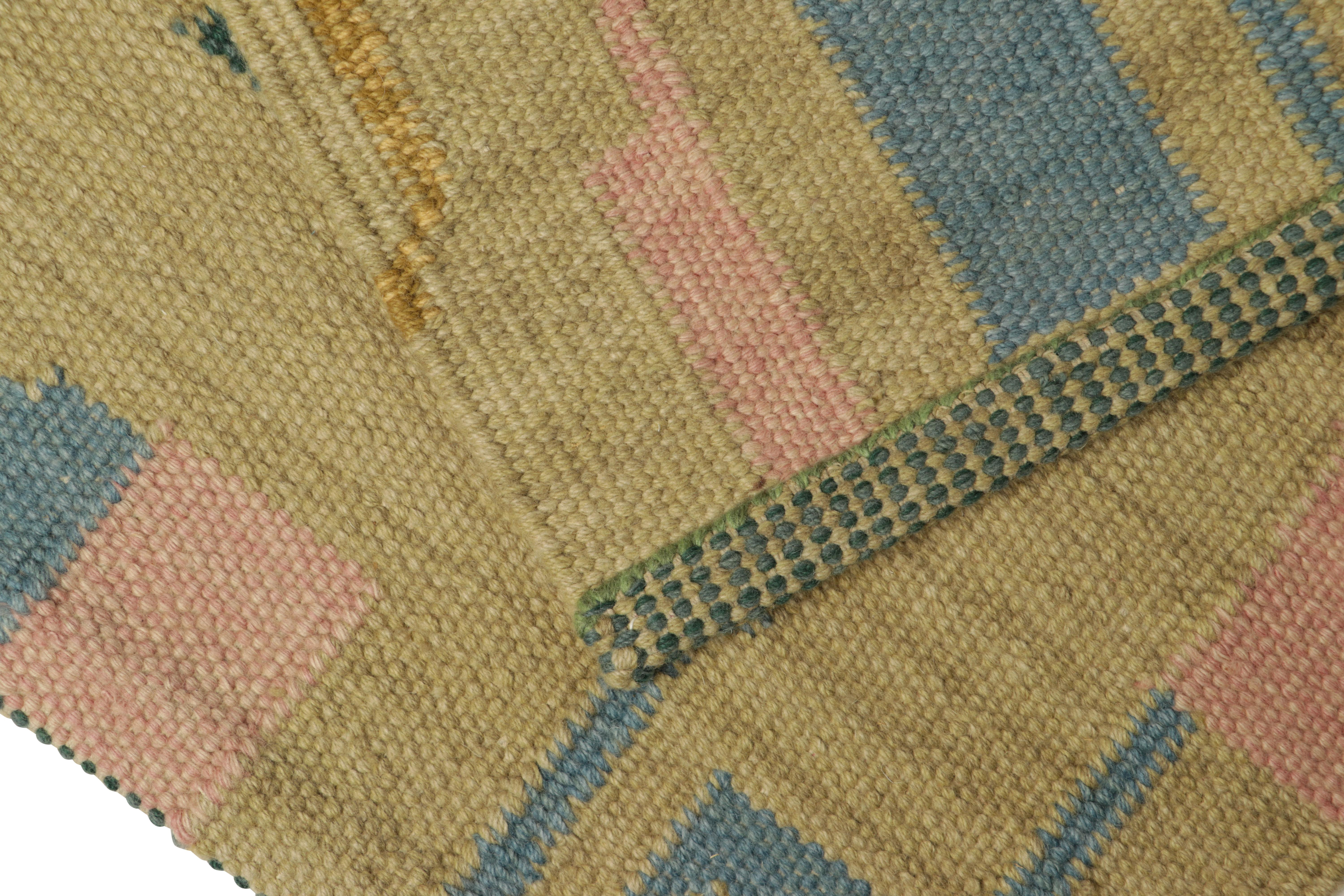 Rug & Kilim’s Scandinavian Style Rug in Gold, with Blue & Pink Geometric Pattern In New Condition For Sale In Long Island City, NY