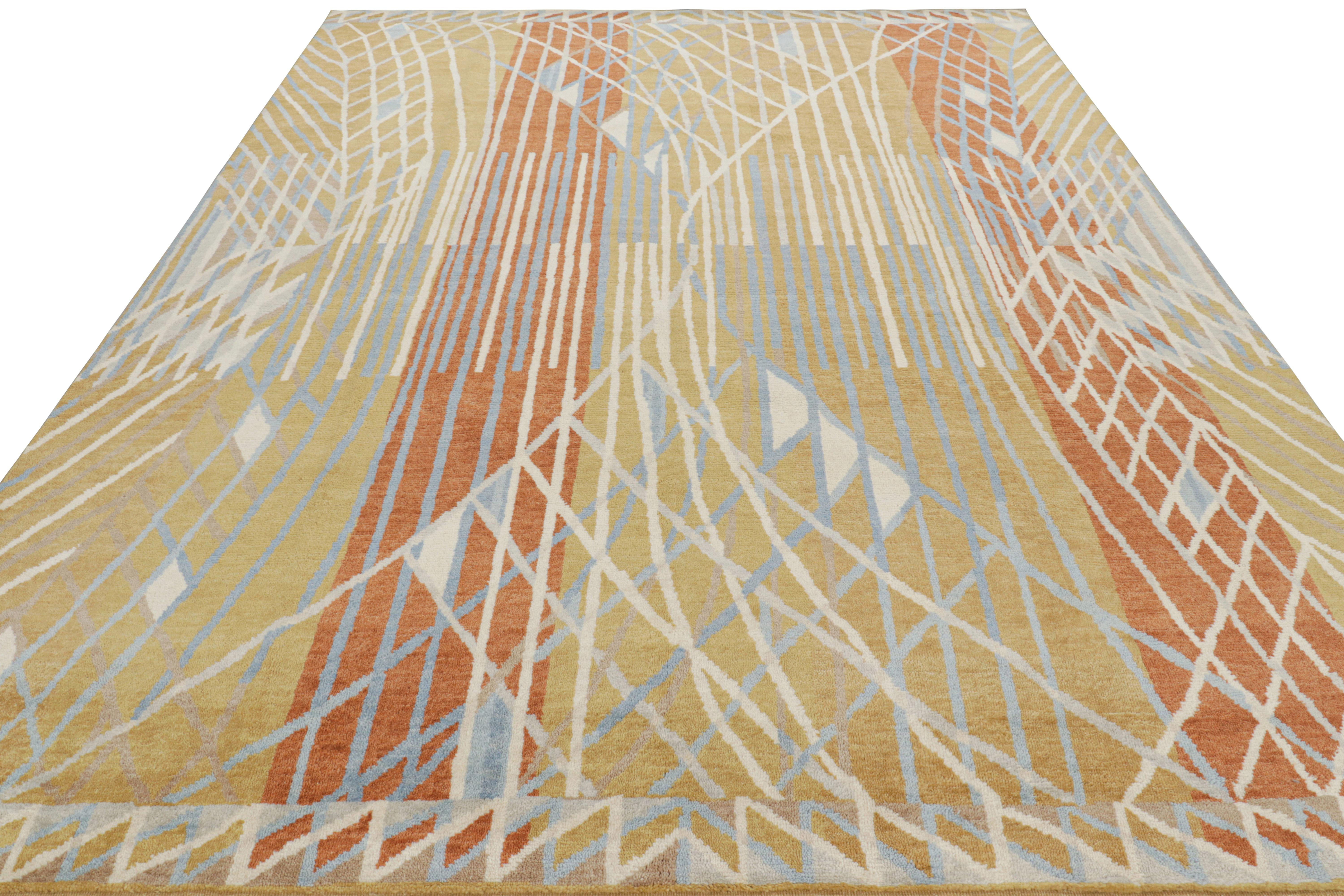 Indian Rug & Kilim’s Scandinavian Style Rug in Gold with Geometric Patterns For Sale