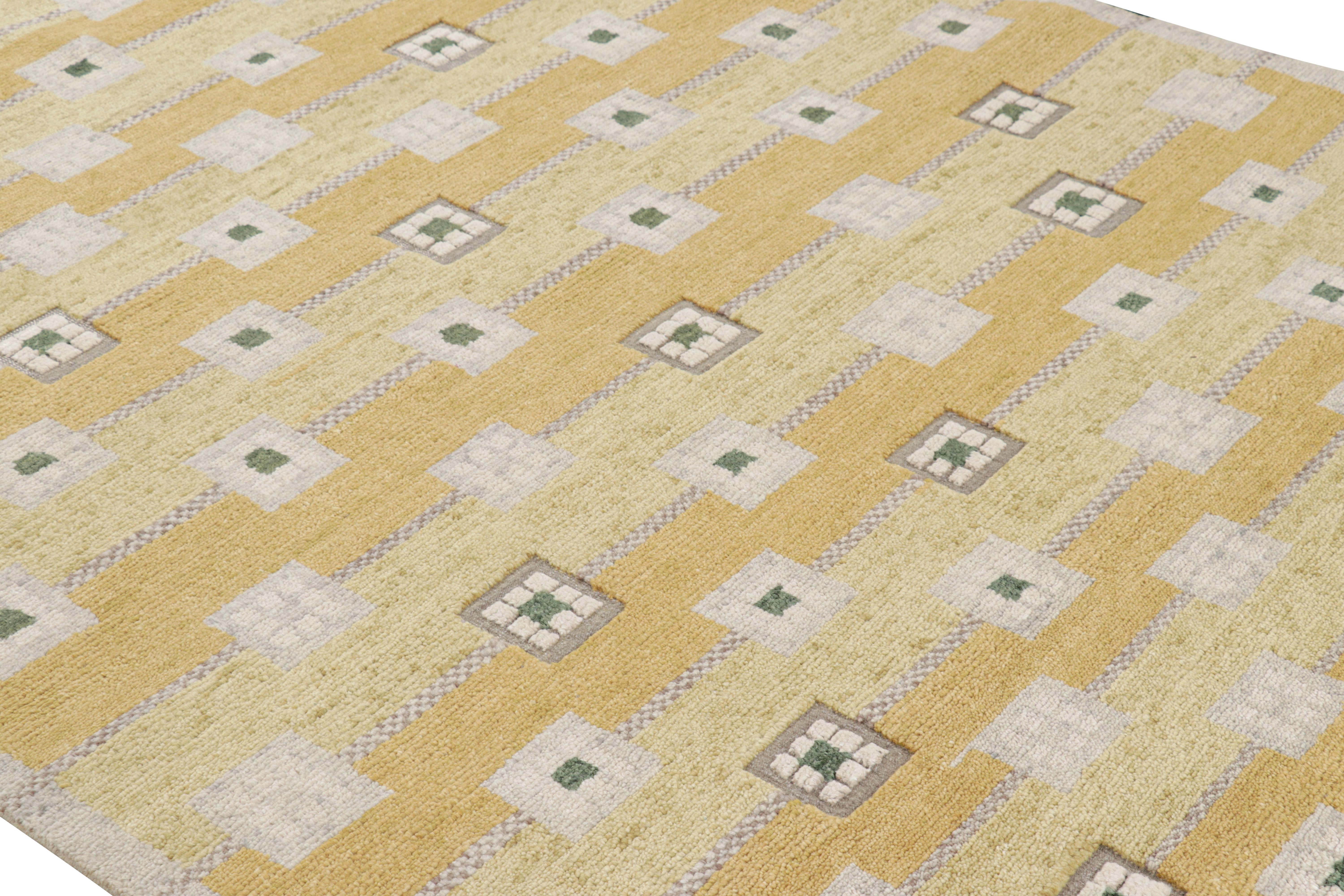 Questo tappeto 6x9 in lana annodato a mano è una nuova aggiunta alla collezione di tappeti scandinavi di Rug & Kilim, ispirata ai tappeti svedesi di metà secolo, ai tessuti piatti e ai tessuti della sensibilità minimalista di Rollakan e Rya. 

Sul