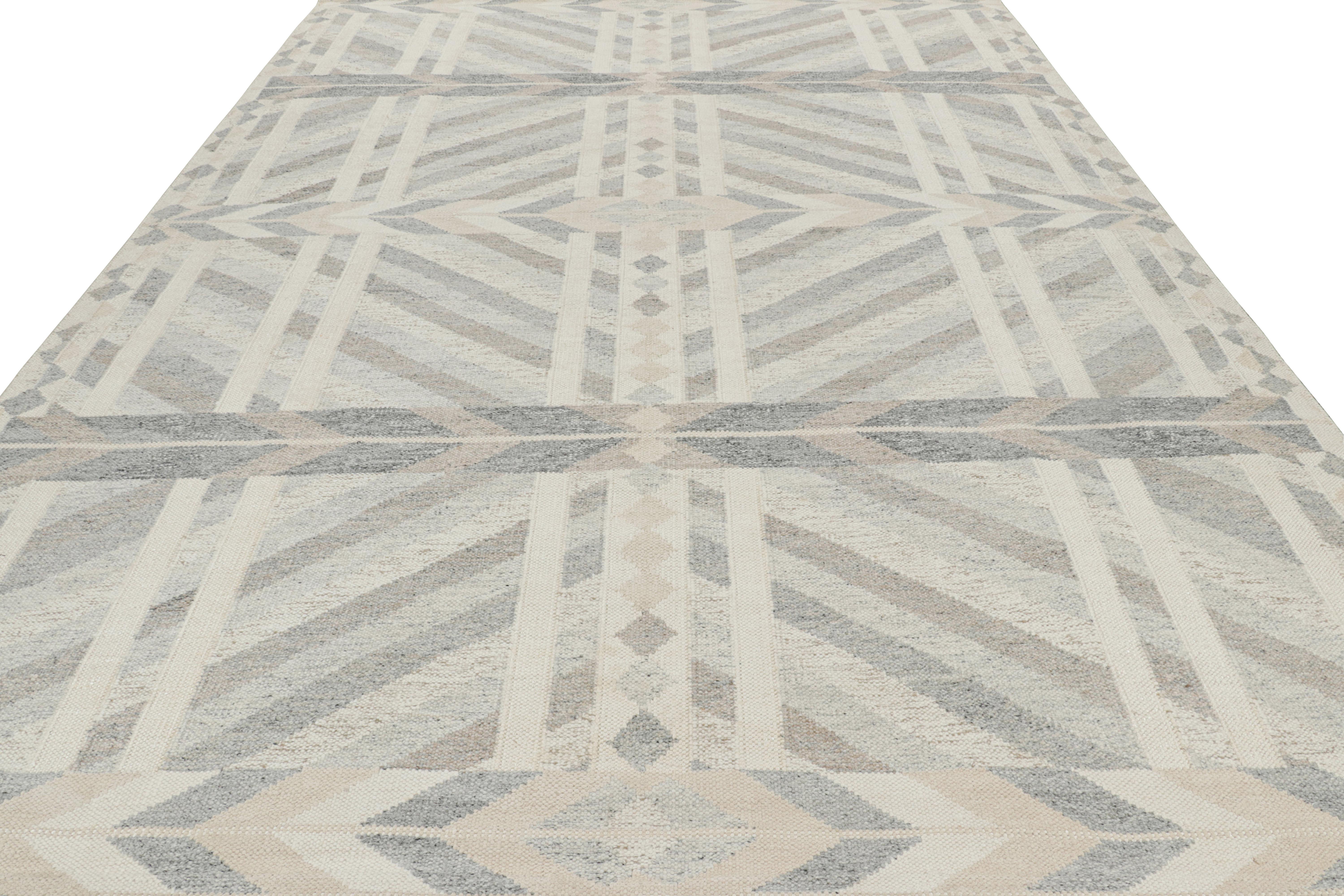 Hand-Woven Rug & Kilim’s Scandinavian Style Rug in Gray Beige and White Geometric Patterns For Sale