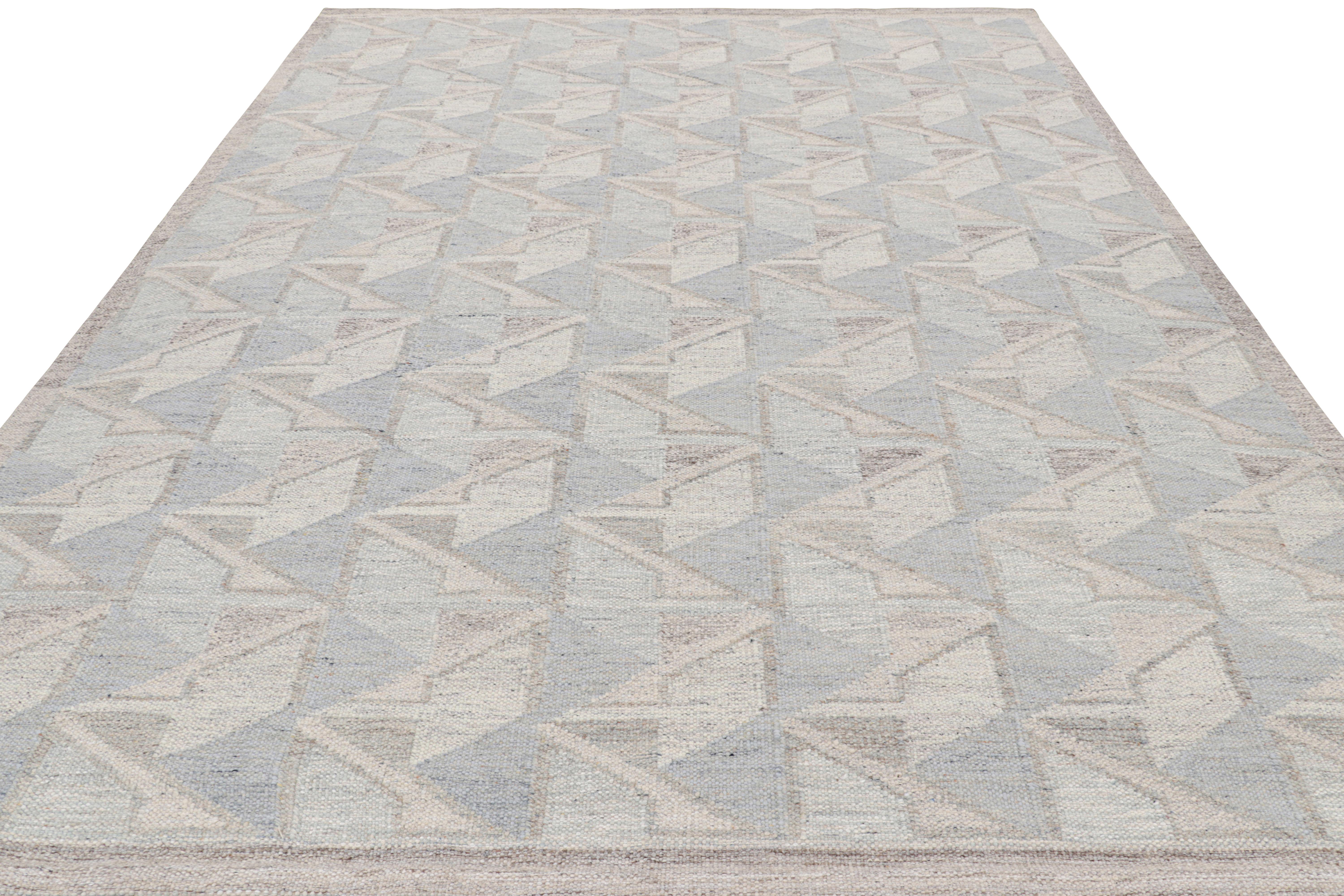 Indian Rug & Kilim’s Scandinavian Style Rug in Gray & Blue with Geometric Patterns For Sale