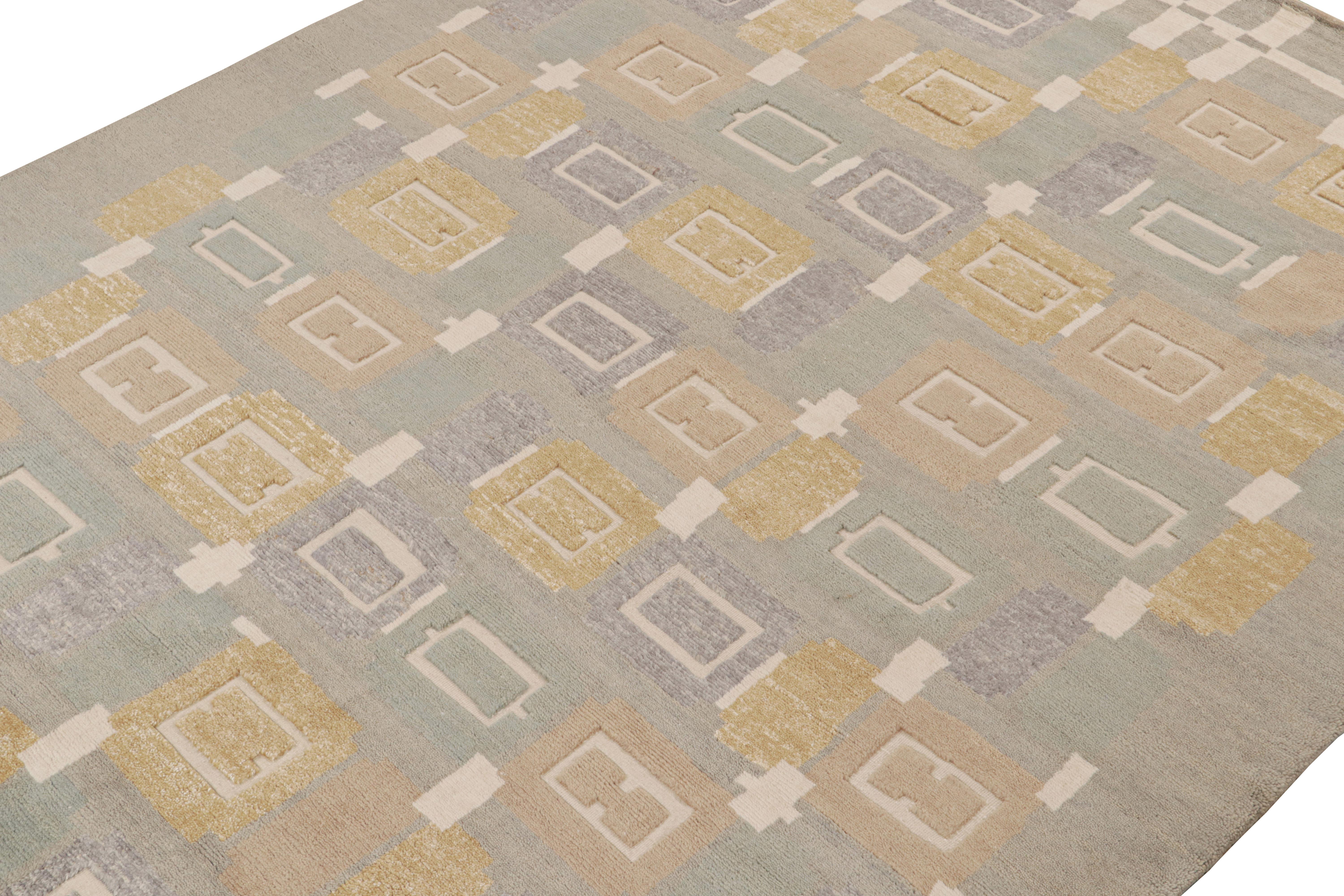 A smart 9x12 Swedish style rug from our award-winning Scandinavian collection. Handknotted in wool. 

On the Design: 

This rug enjoys a subtle high-low texture married to geometric patterns in crisp brown, gold and gray. This proprietary