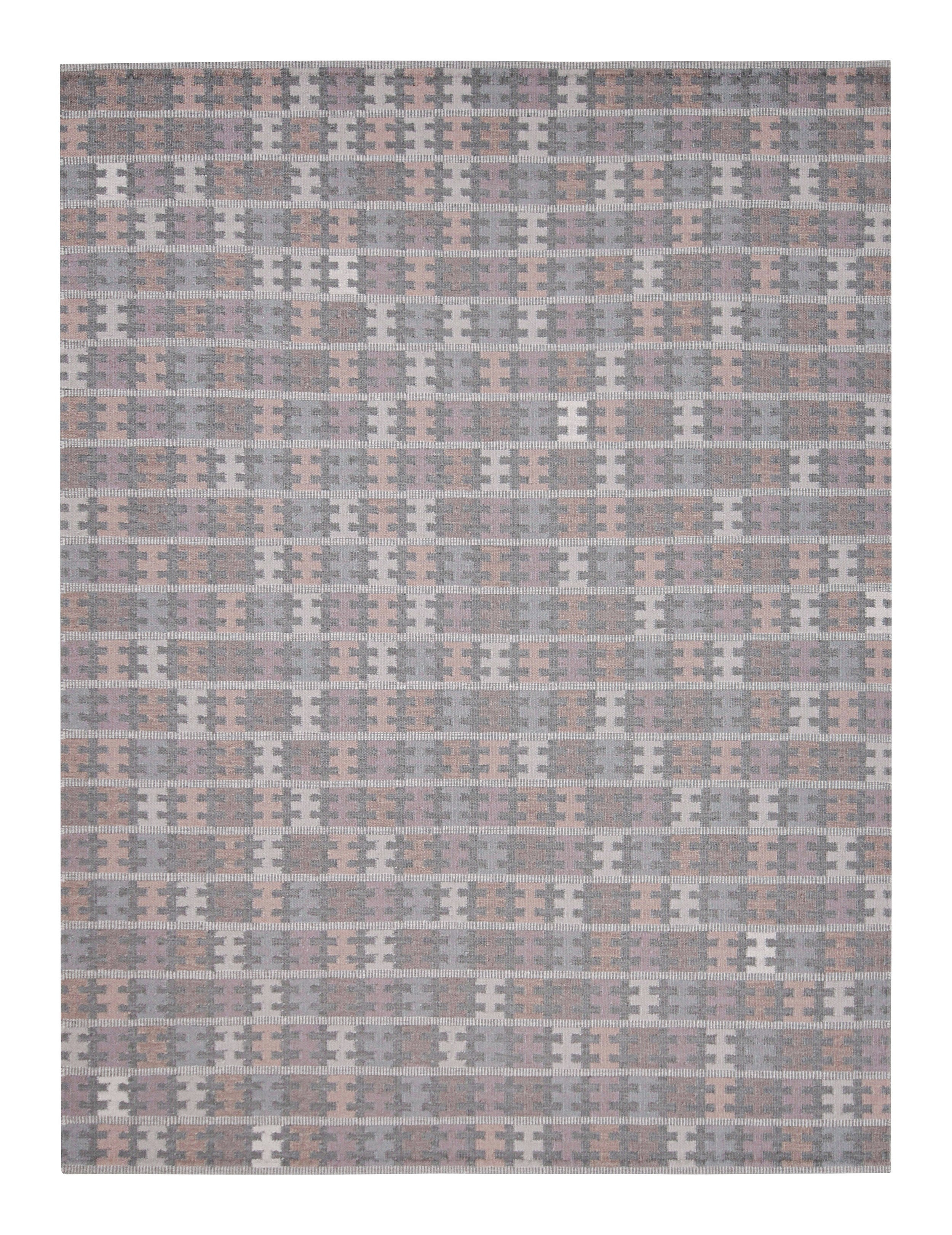 Rug & Kilim’s Scandinavian Style Rug in Gray, Purple and Peach Geometric Pattern