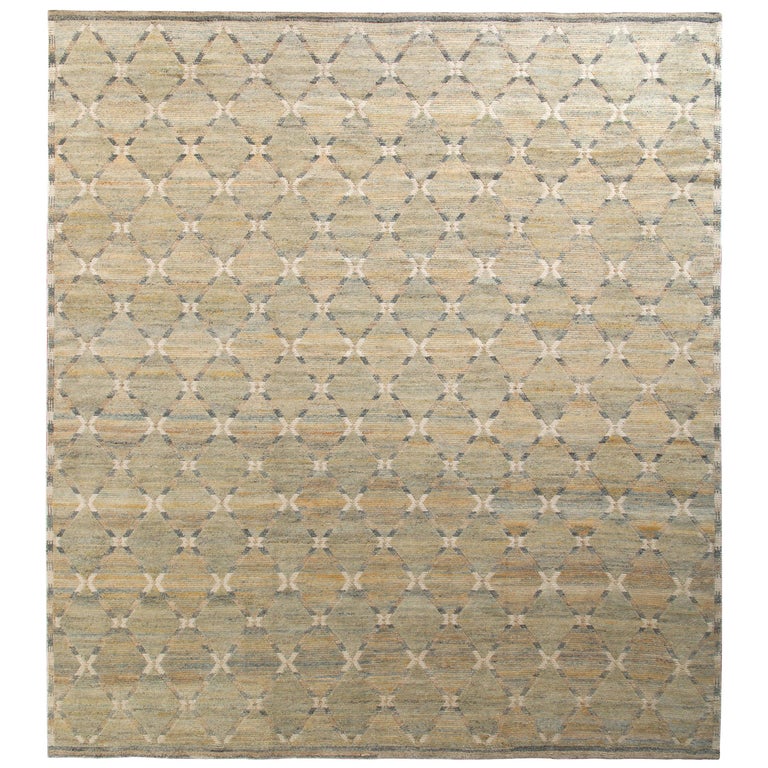 Rug and Kilim’s Scandinavian Style Rug in Green and Beige Brown Trellis
