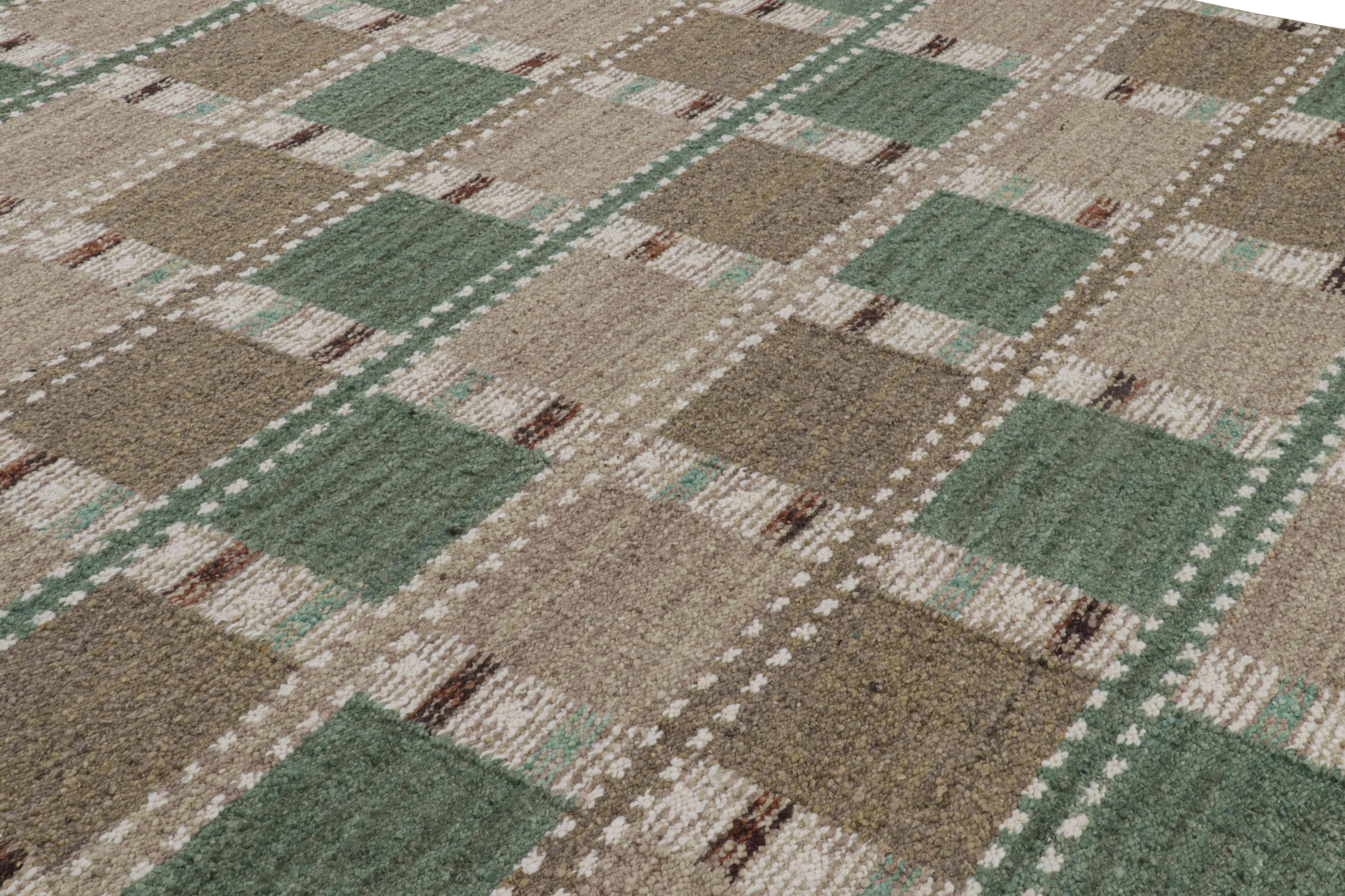 This 10x14 Swedish-style rug, handwoven in a wool flatweave, is from the inventive “Nu” texture in Rug & Kilim’s award-winning Scandinavian flat weave collection. 

On the Design: 

The “Nu” construction enjoys a boucle-like texture of blended