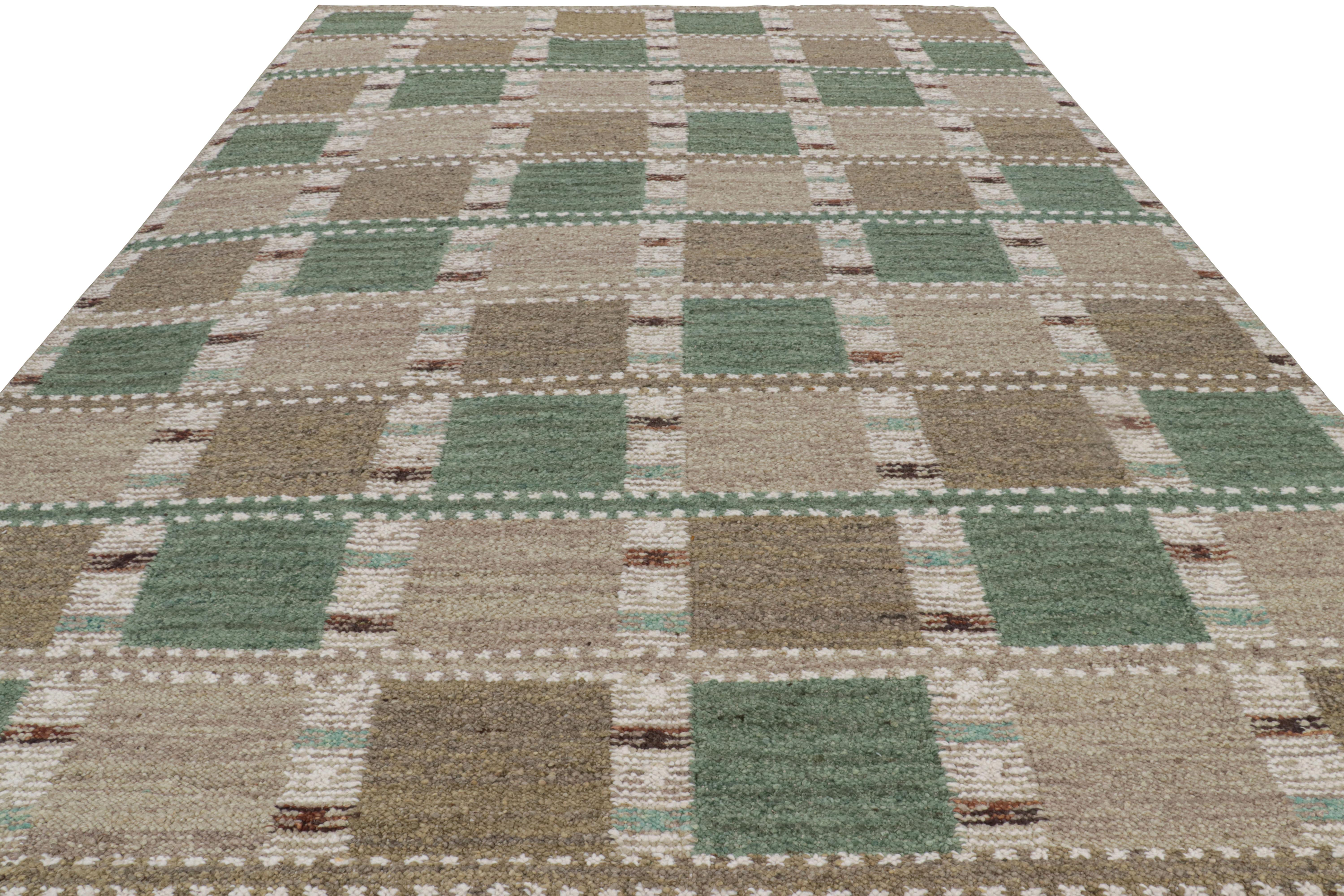 Hand-Woven Rug & Kilim’s Scandinavian Style Rug in Green and Beige-Brown with Patterns For Sale