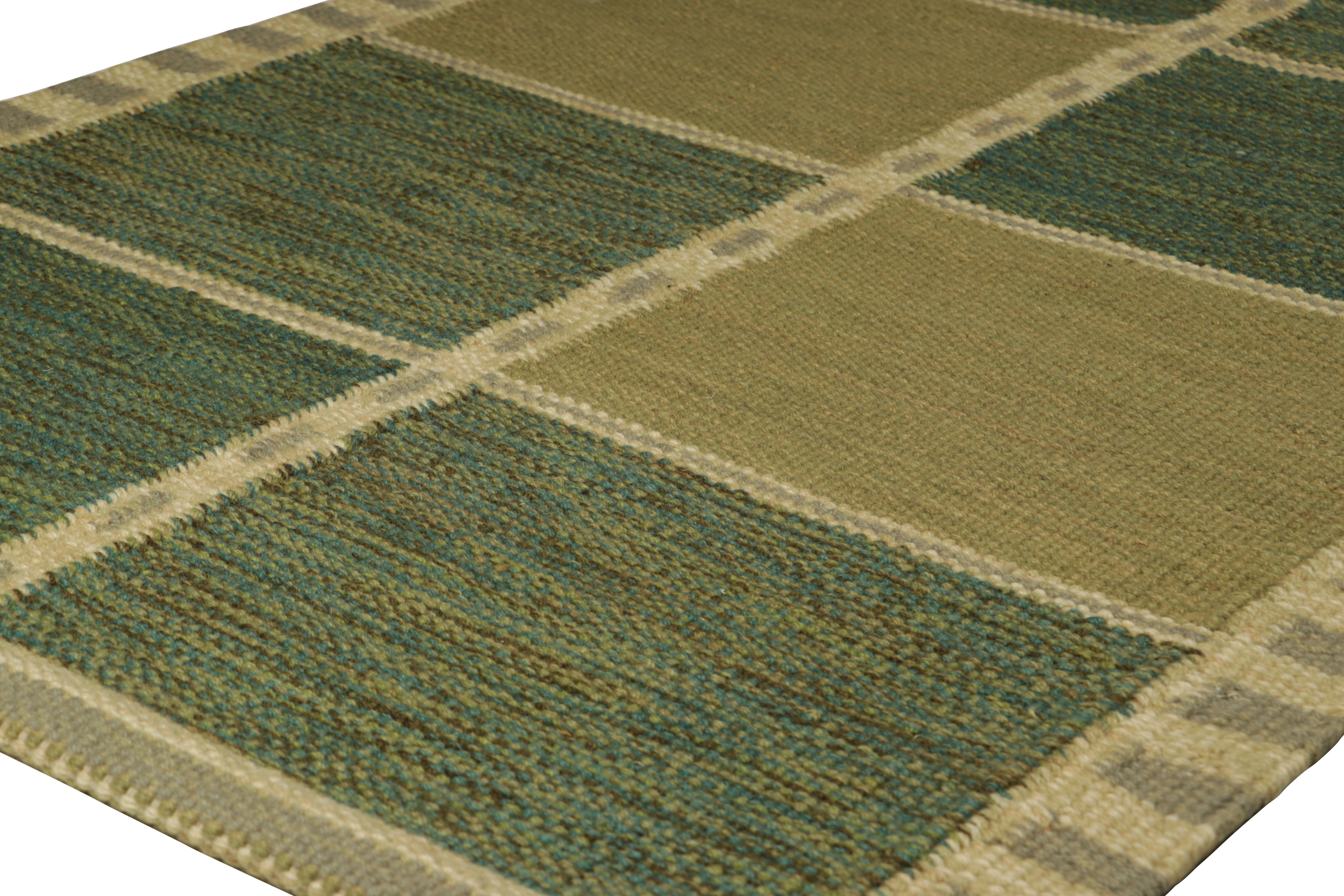 Modern Rug & Kilim’s Scandinavian Style Rug in Green and Beige, with Geometric Patterns For Sale