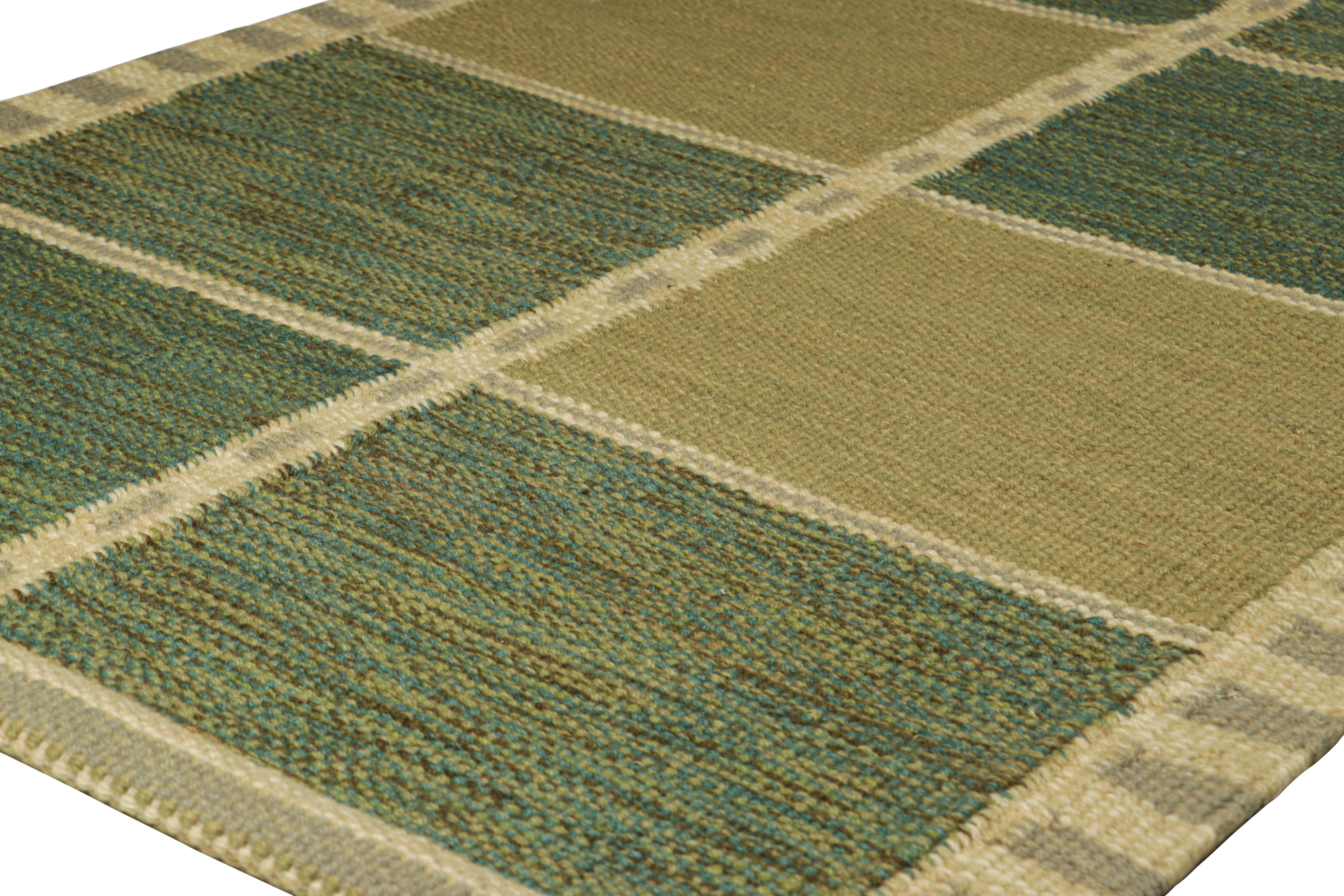 Modern Rug & Kilim’s Scandinavian Style Rug in Green and Beige, with Geometric Patterns For Sale