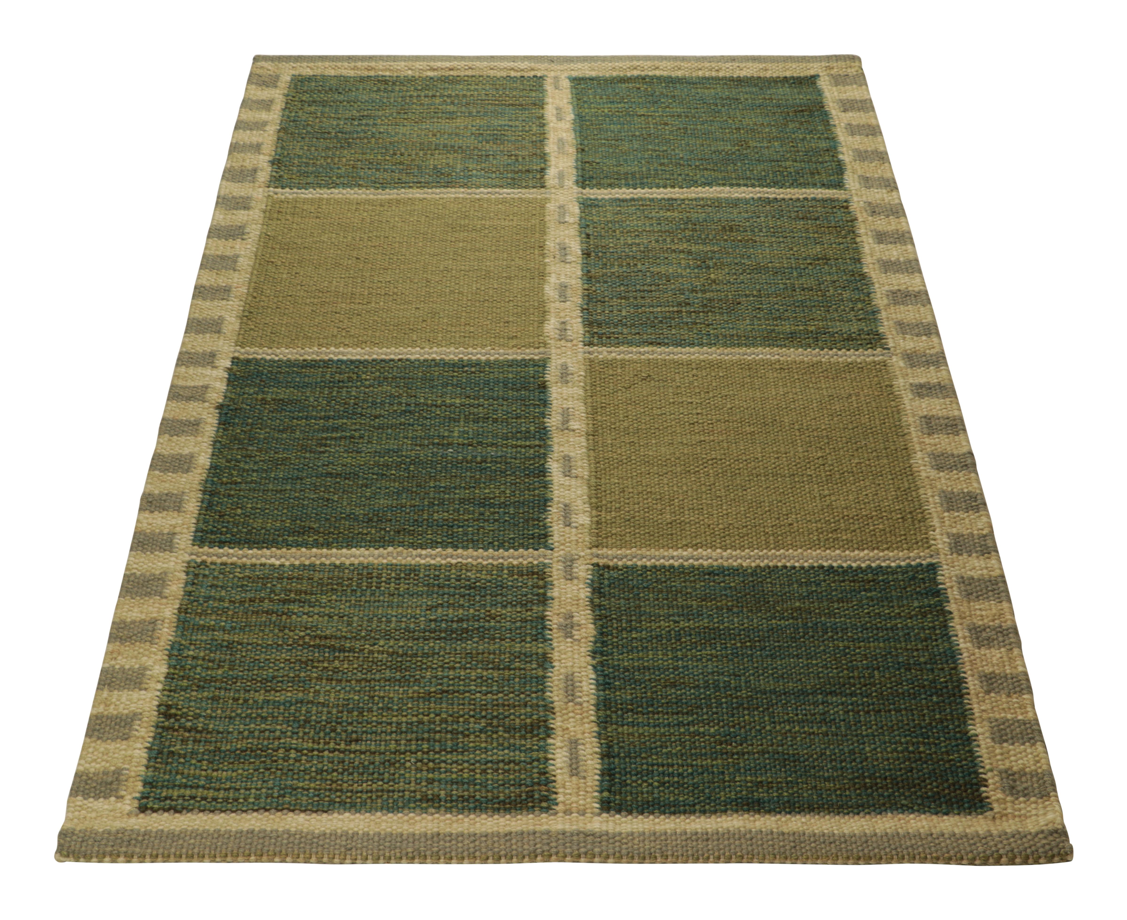 Indian Rug & Kilim’s Scandinavian Style Rug in Green and Beige, with Geometric Patterns For Sale