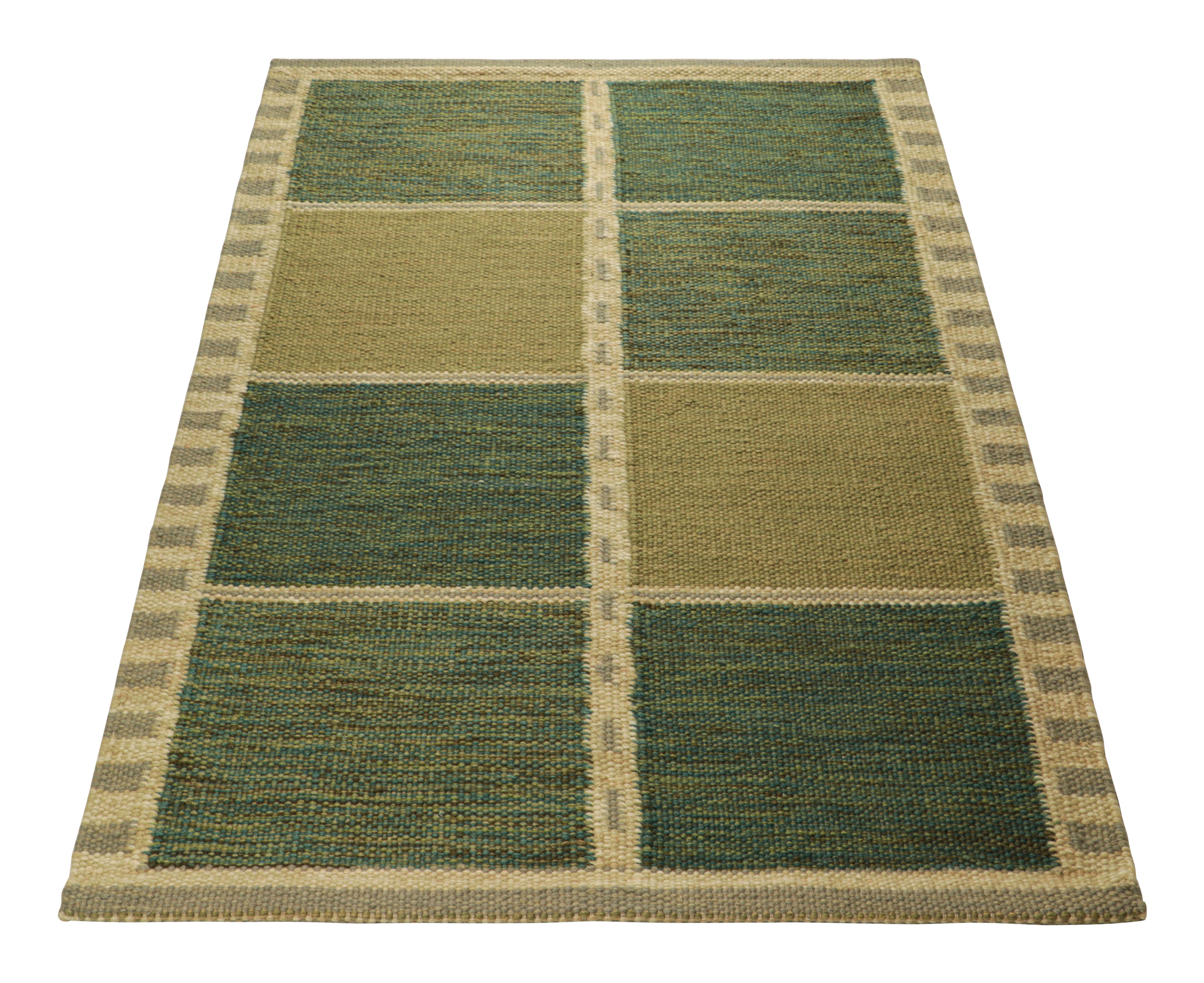 Indian Rug & Kilim’s Scandinavian Style Rug in Green and Beige, with Geometric Patterns For Sale