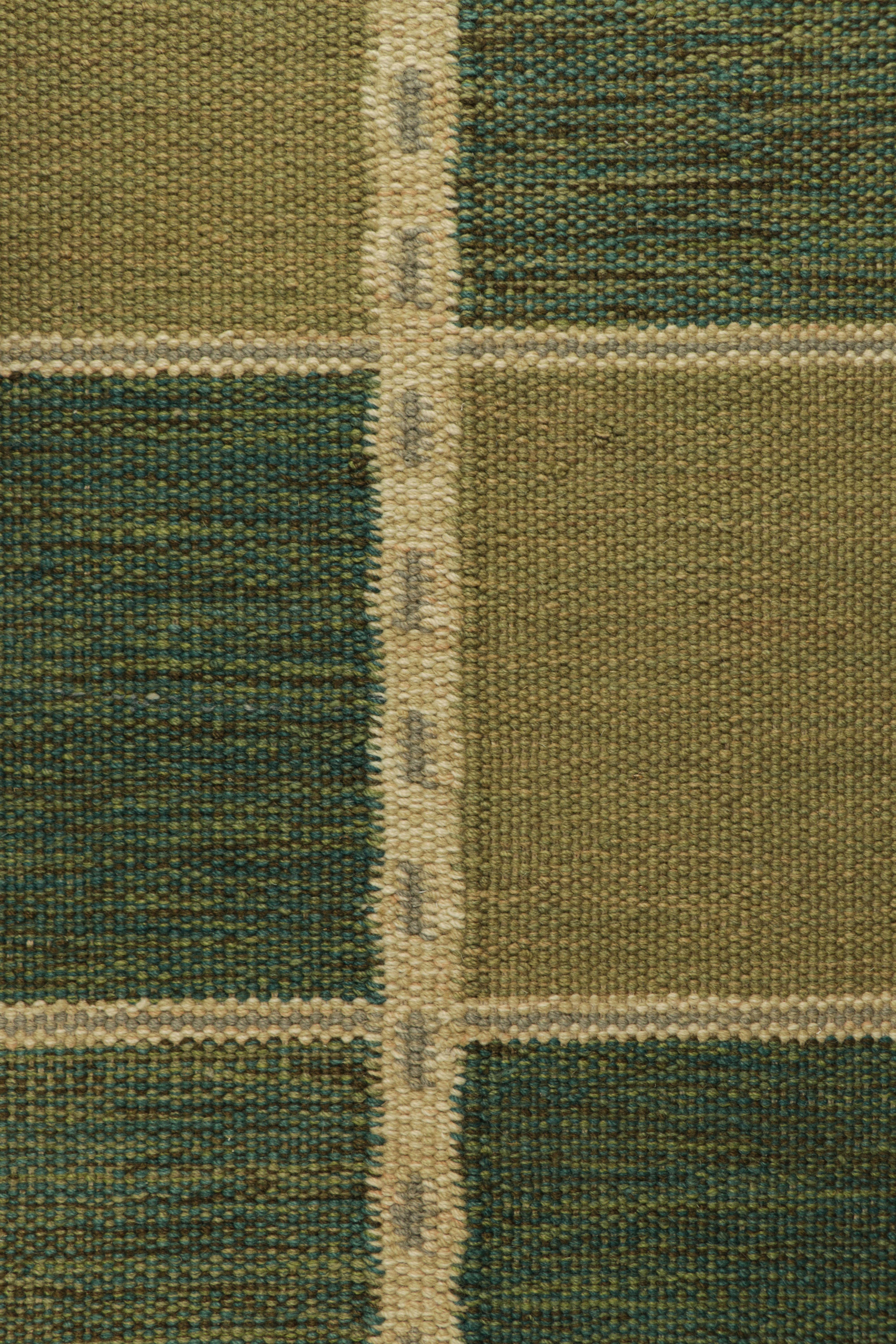 Hand-Woven Rug & Kilim’s Scandinavian Style Rug in Green and Beige, with Geometric Patterns For Sale