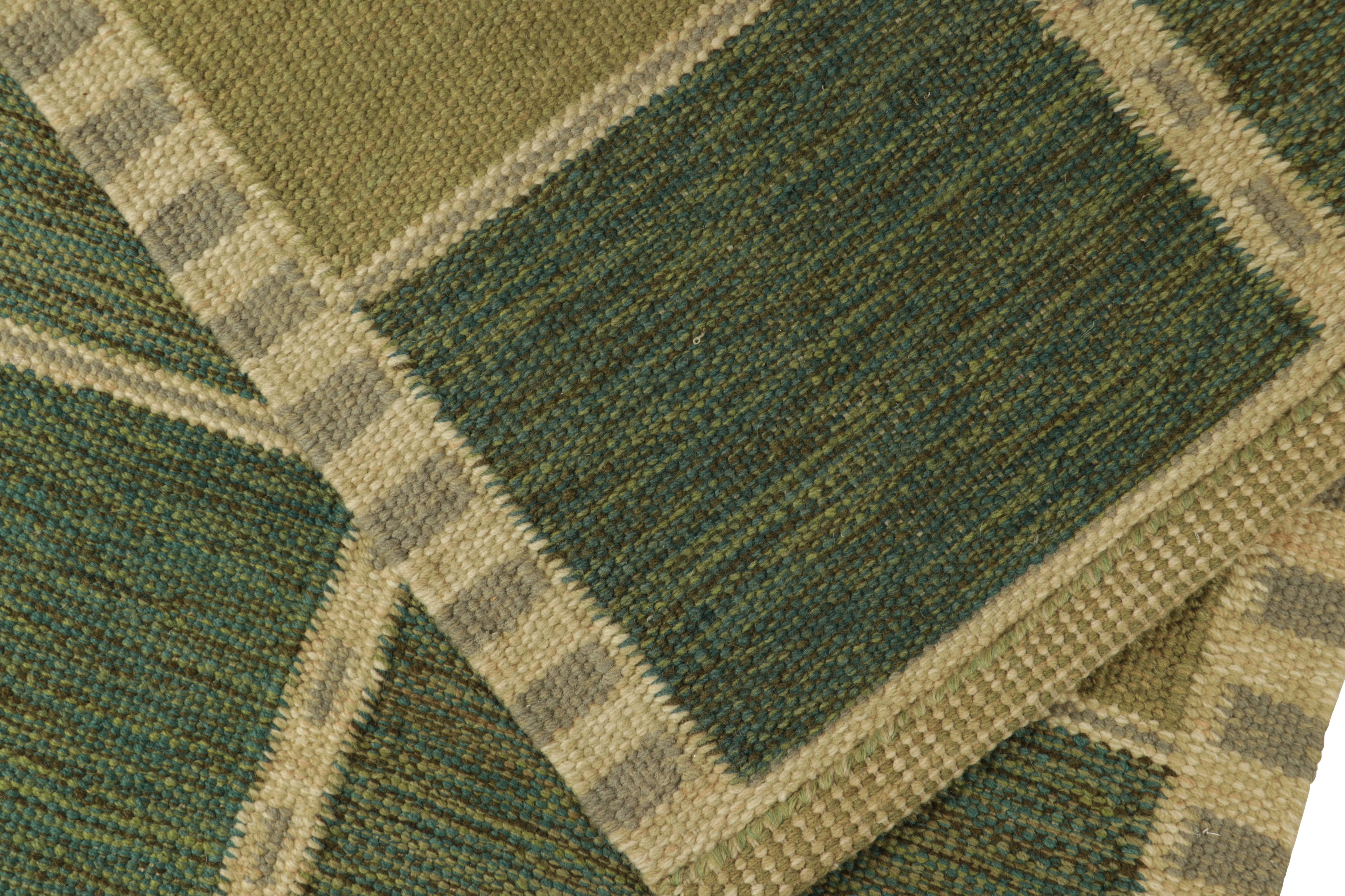 Contemporary Rug & Kilim’s Scandinavian Style Rug in Green and Beige, with Geometric Patterns For Sale