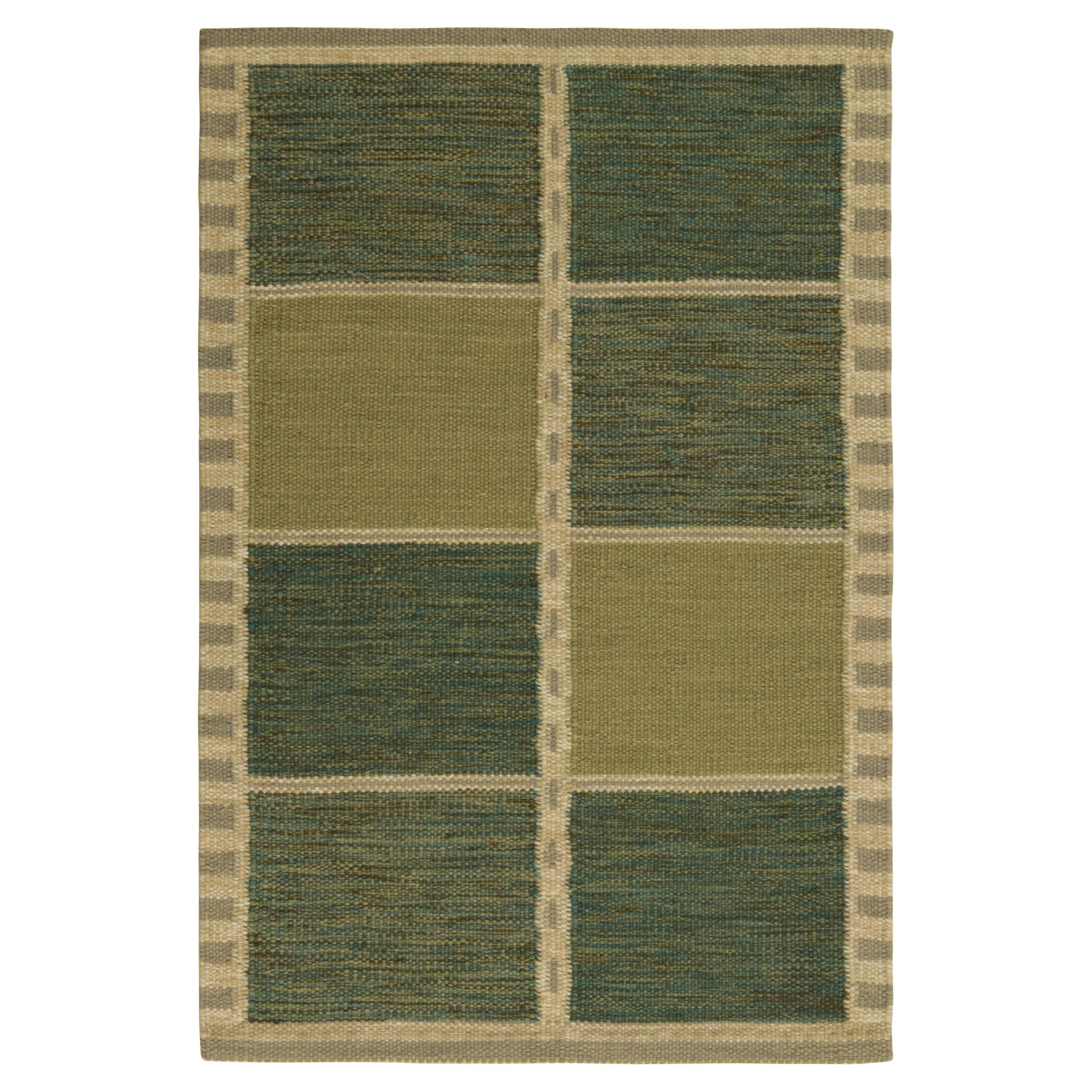 Rug & Kilim’s Scandinavian Style Rug in Green and Beige, with Geometric Patterns For Sale
