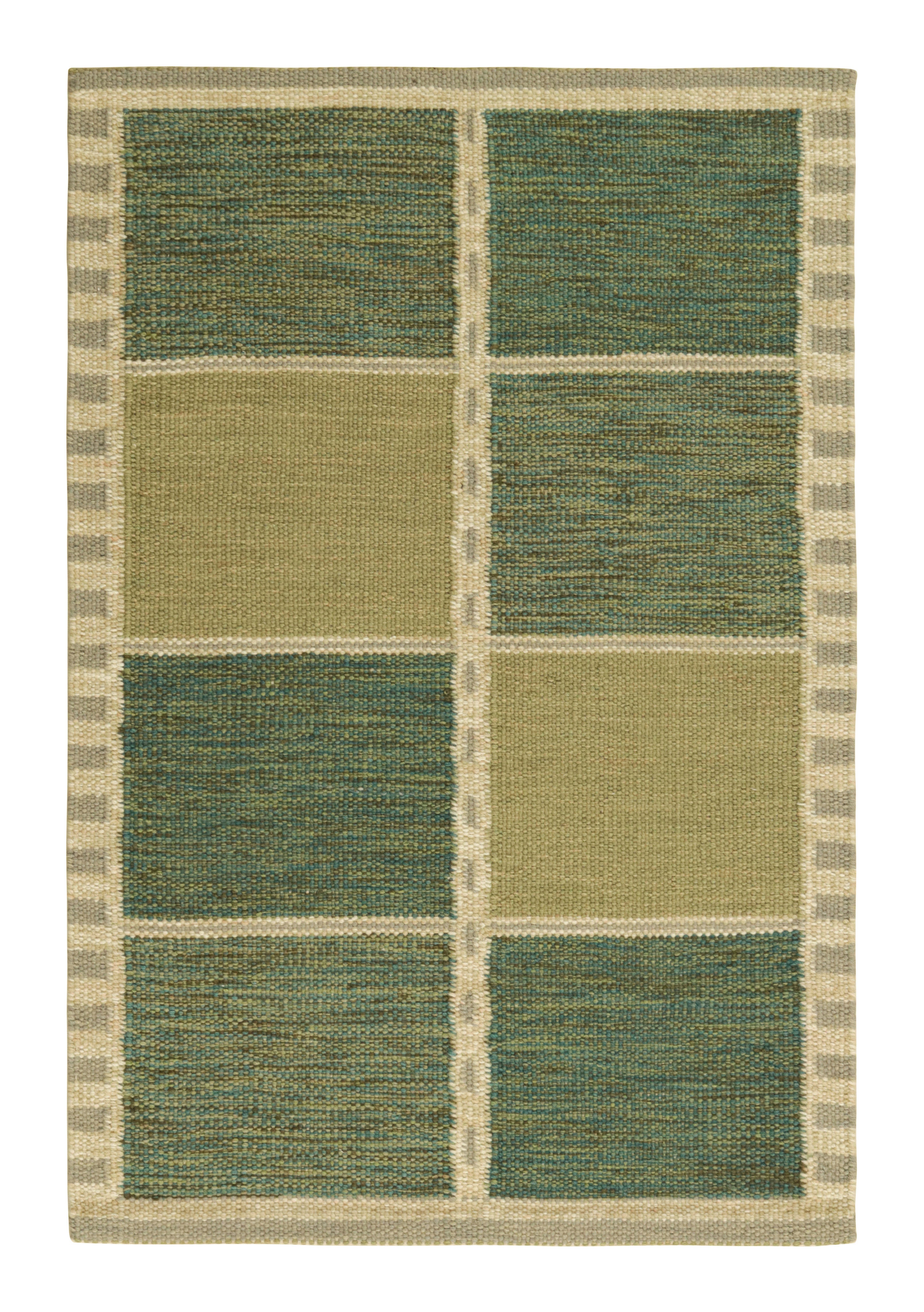 Rug & Kilim’s Scandinavian Style Rug in Green and Beige, with Geometric Patterns