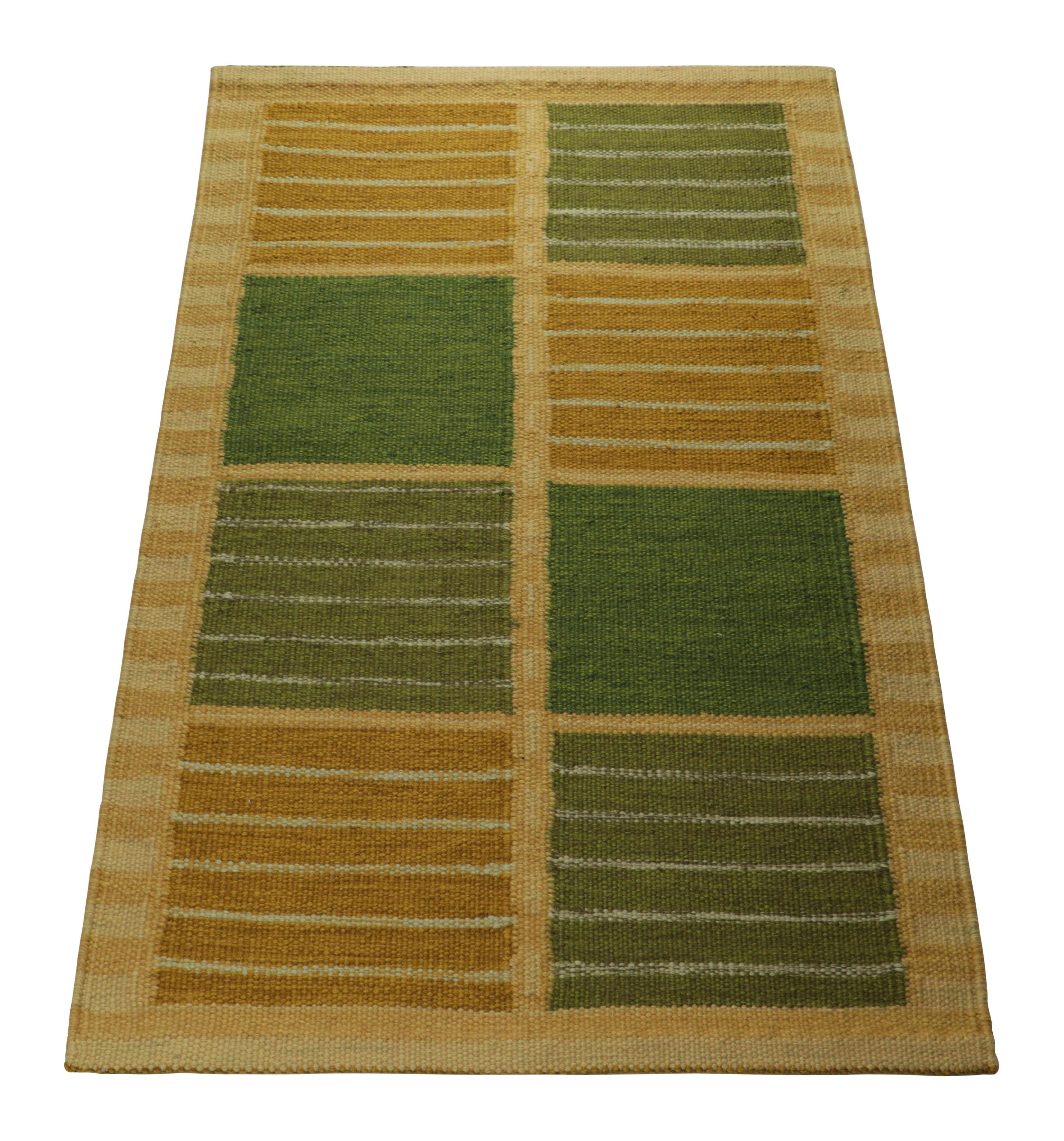 Indian Rug & Kilim’s Scandinavian Style Rug in Green and Beige with Geometric Stripes For Sale