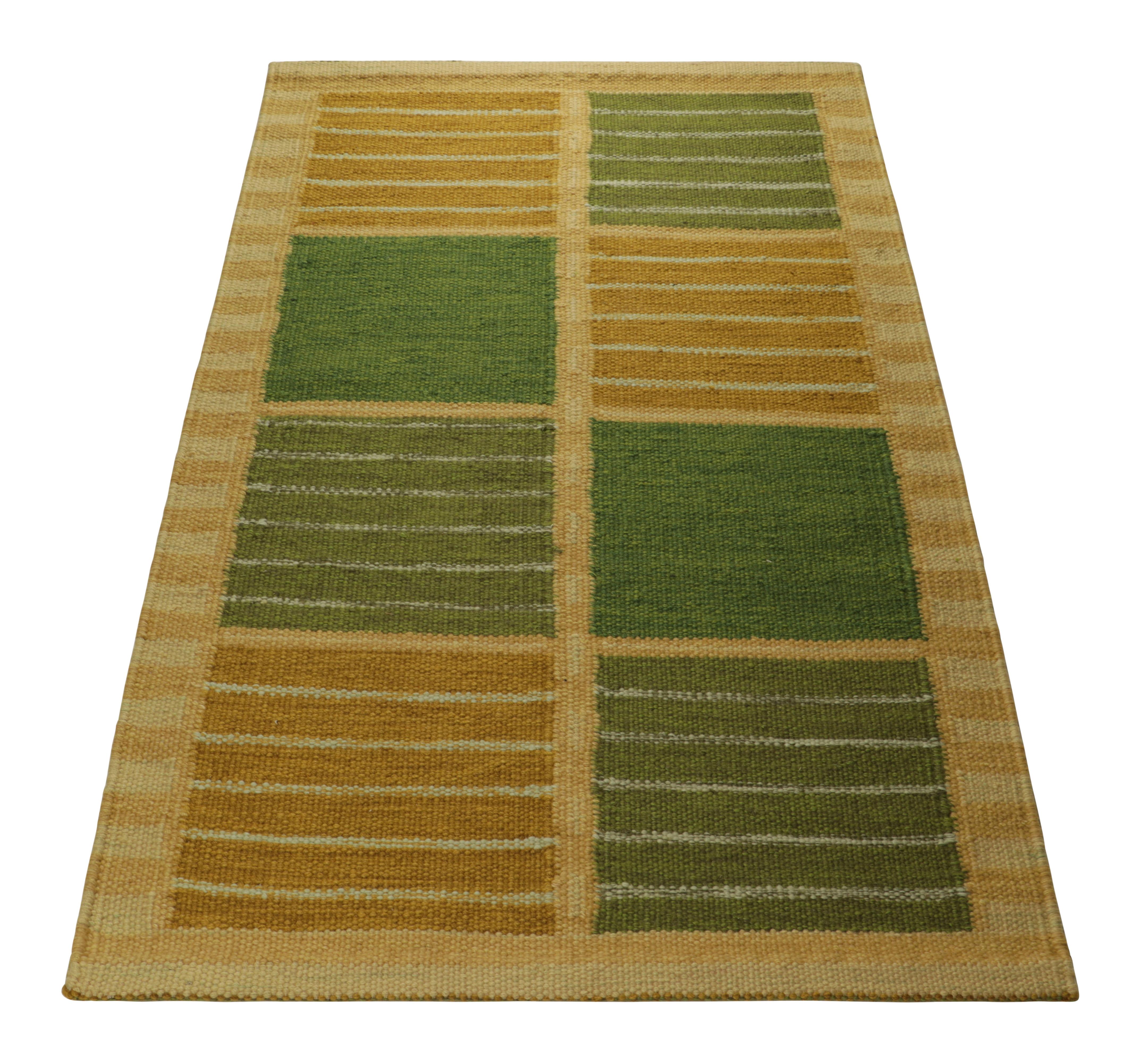 Hand-Woven Rug & Kilim’s Scandinavian Style Rug in Green and Beige with Geometric Stripes For Sale