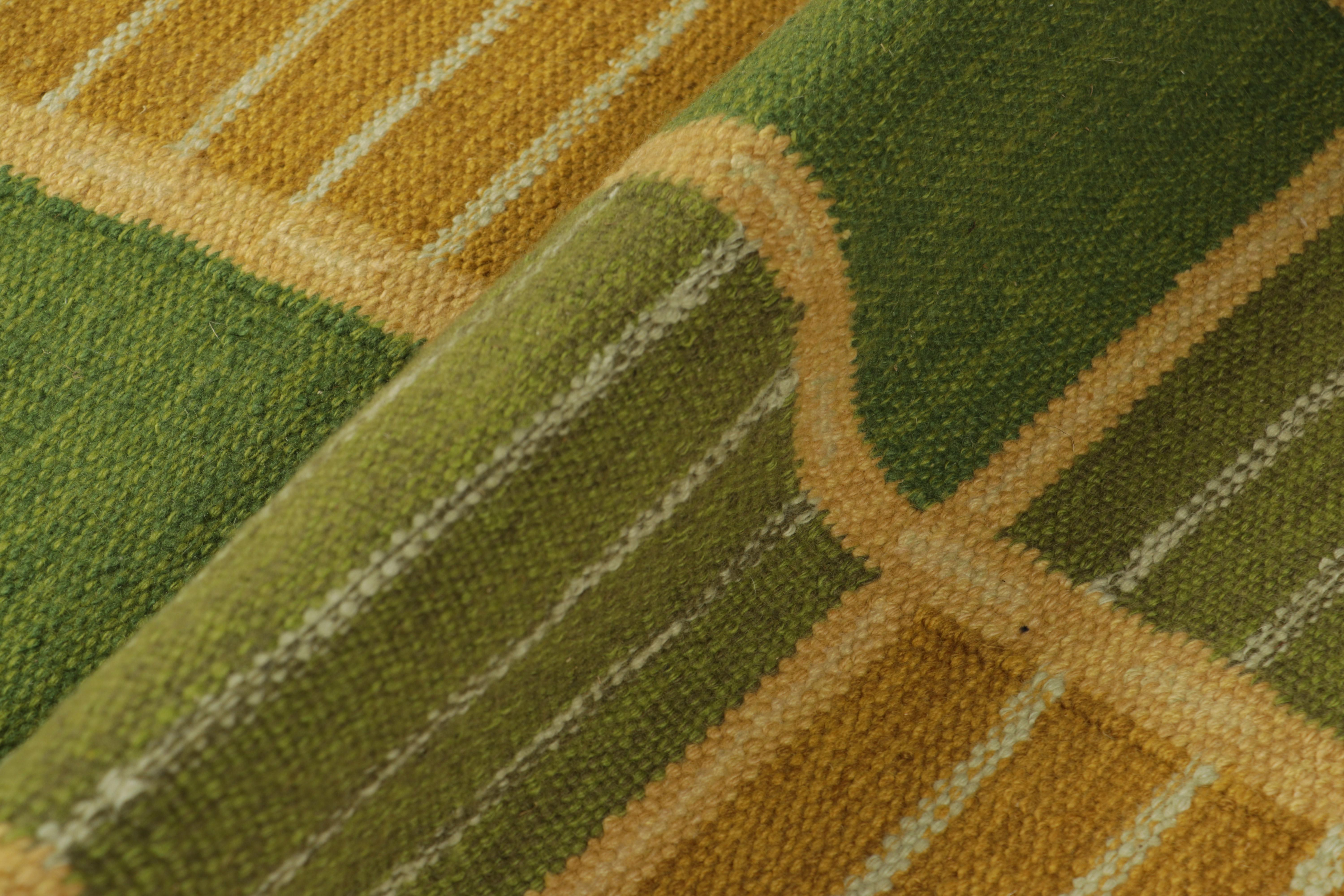 Contemporary Rug & Kilim’s Scandinavian Style Rug in Green and Beige with Geometric Stripes For Sale