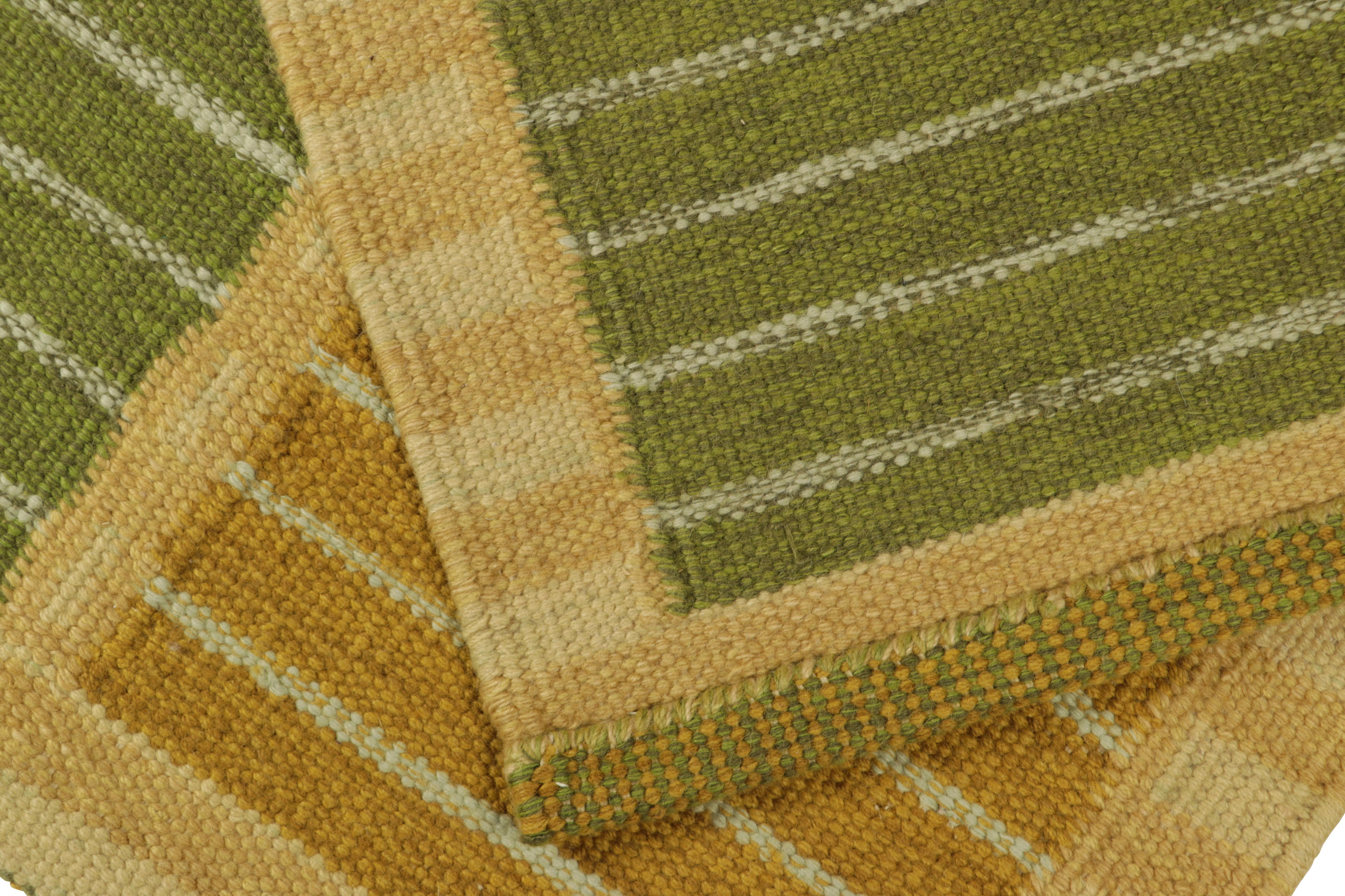 Wool Rug & Kilim’s Scandinavian Style Rug in Green and Beige with Geometric Stripes For Sale