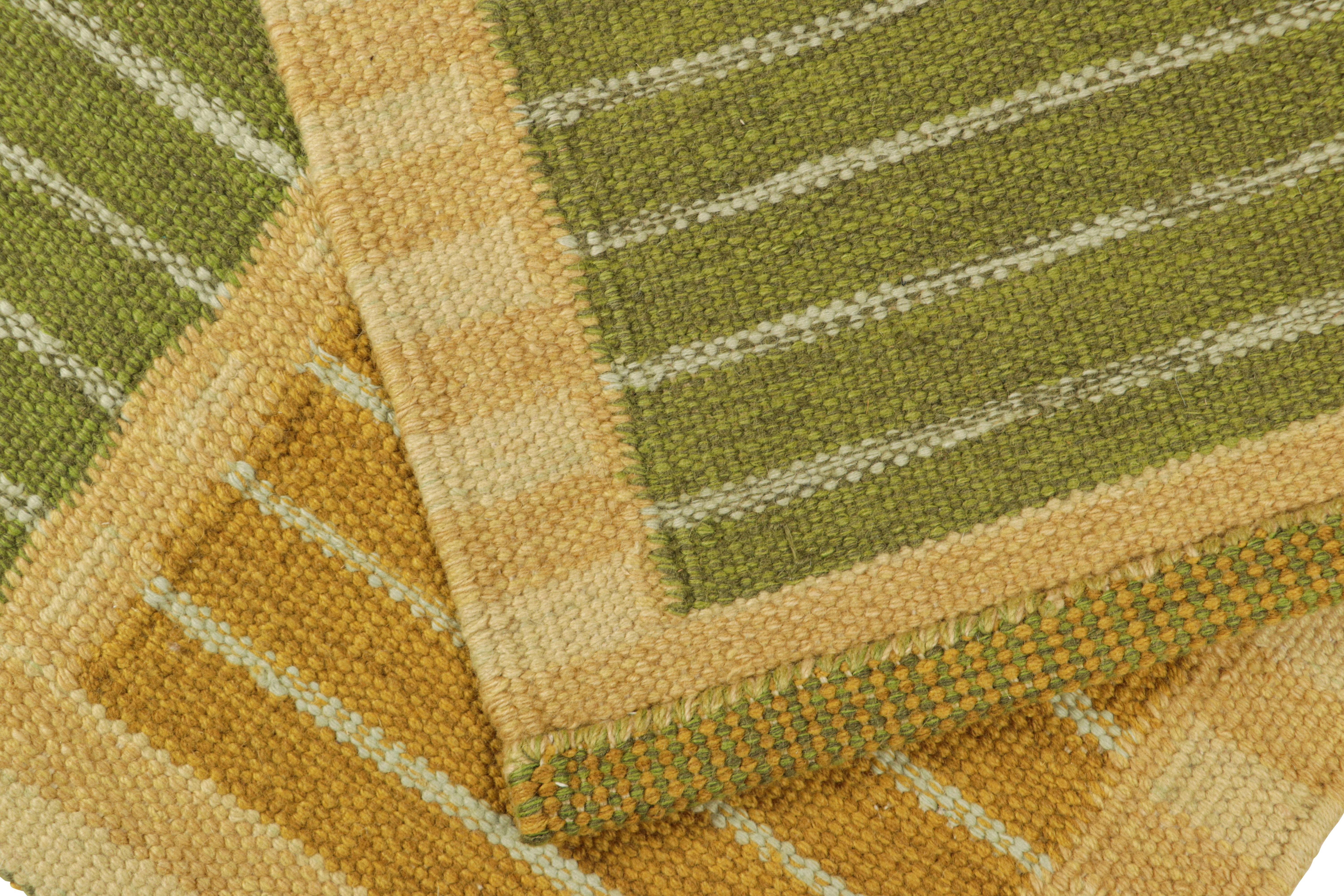 Wool Rug & Kilim’s Scandinavian Style Rug in Green and Beige with Geometric Stripes For Sale