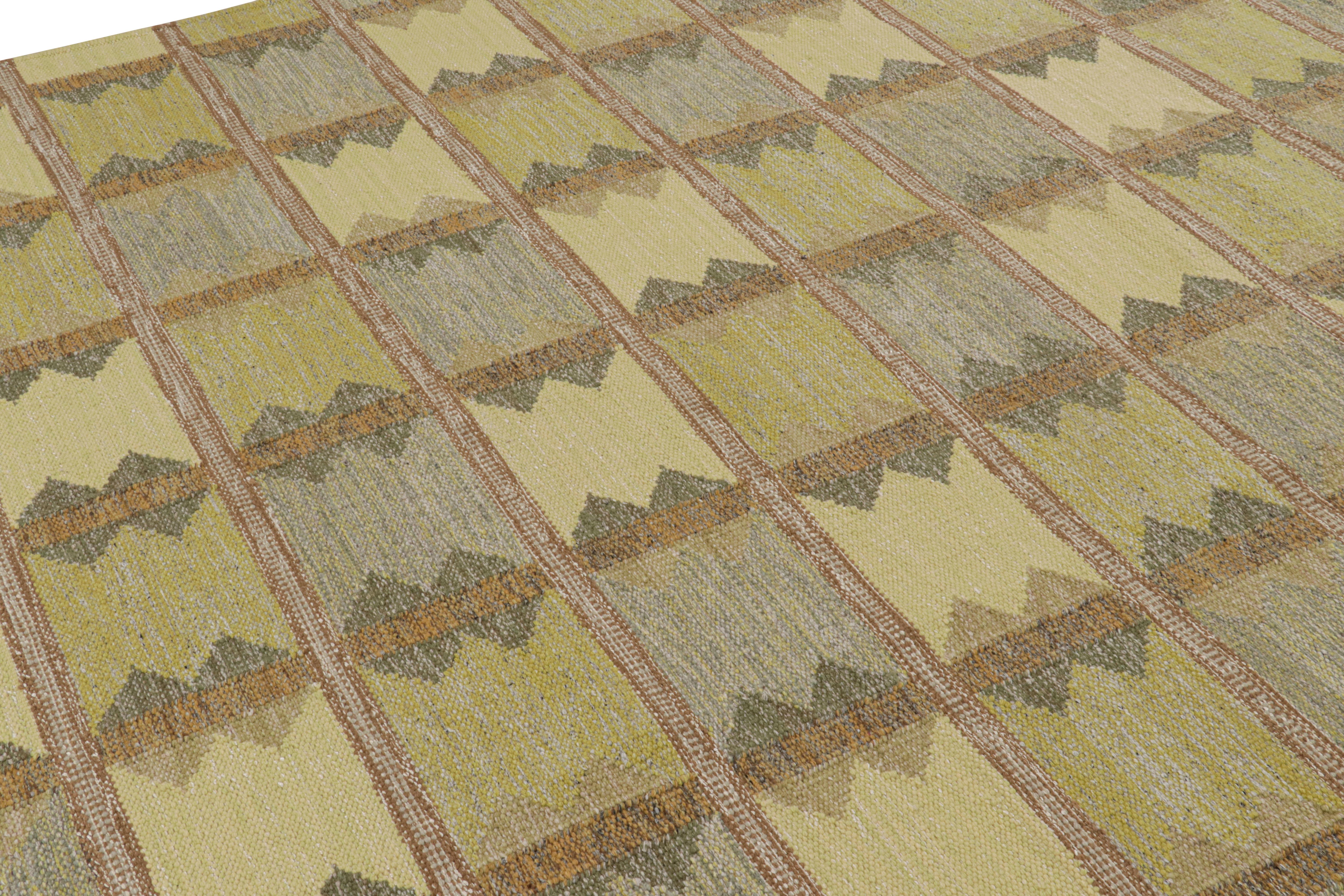 Dieser 8x10 große schwedische Teppich ist eine kühne Ergänzung der skandinavischen Kollektion von Rug & Kilim. Das handgewebte Flachgewebe aus Wolle mit ungefärbten Naturgarnen ist von schwedischen minimalistischen Designs inspiriert.

Über das