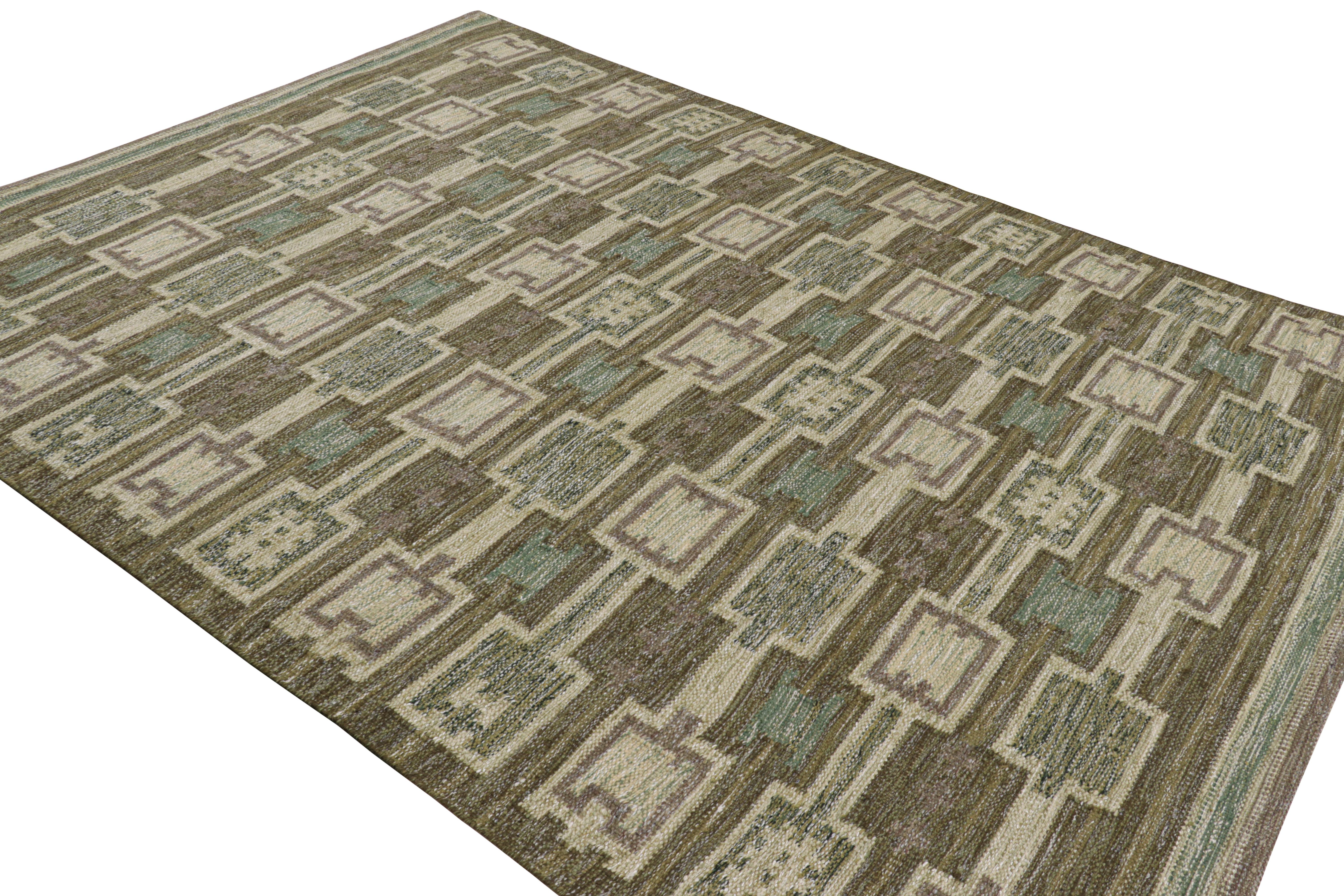 Indiano Rug & Kilim: Tappeto in stile scandinavo in verde e blu con motivi geometrici in vendita