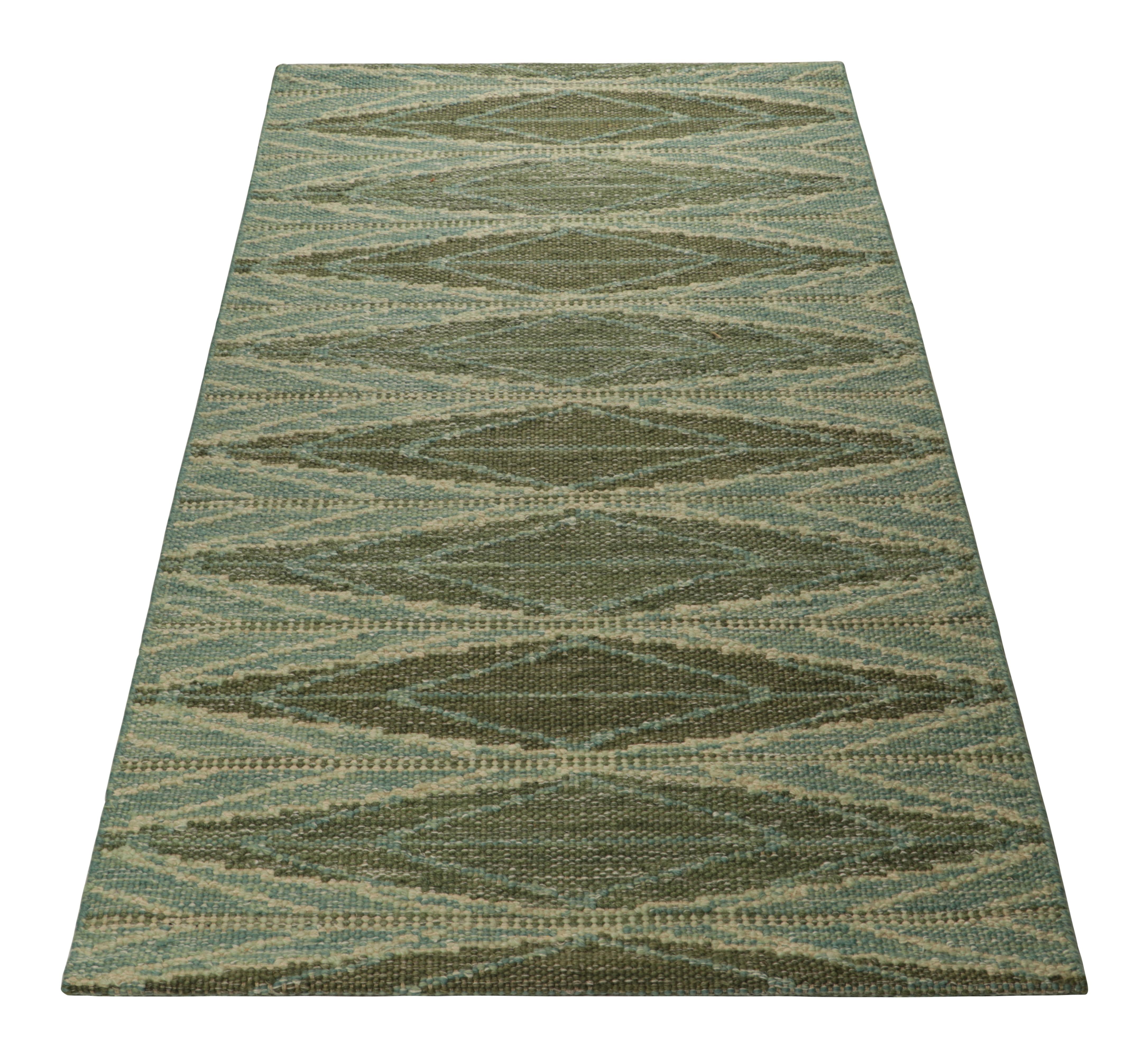 Hand-Woven Rug & Kilim’s Scandinavian Style Rug in Green and Blue, with Geometric Patterns For Sale