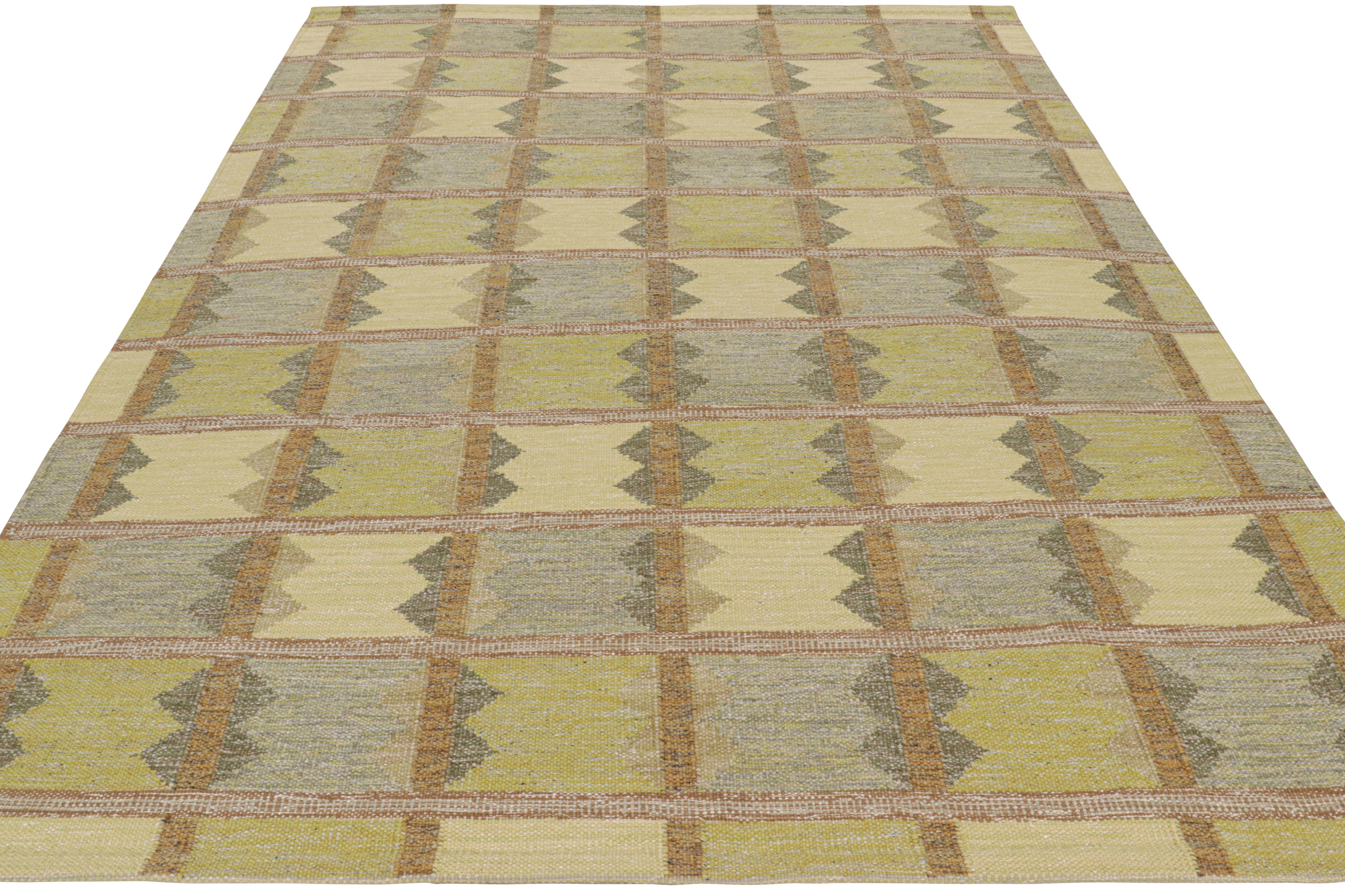Hand-Woven Rug & Kilim’s Scandinavian Style Rug in Green and Blue with Geometric Patterns For Sale