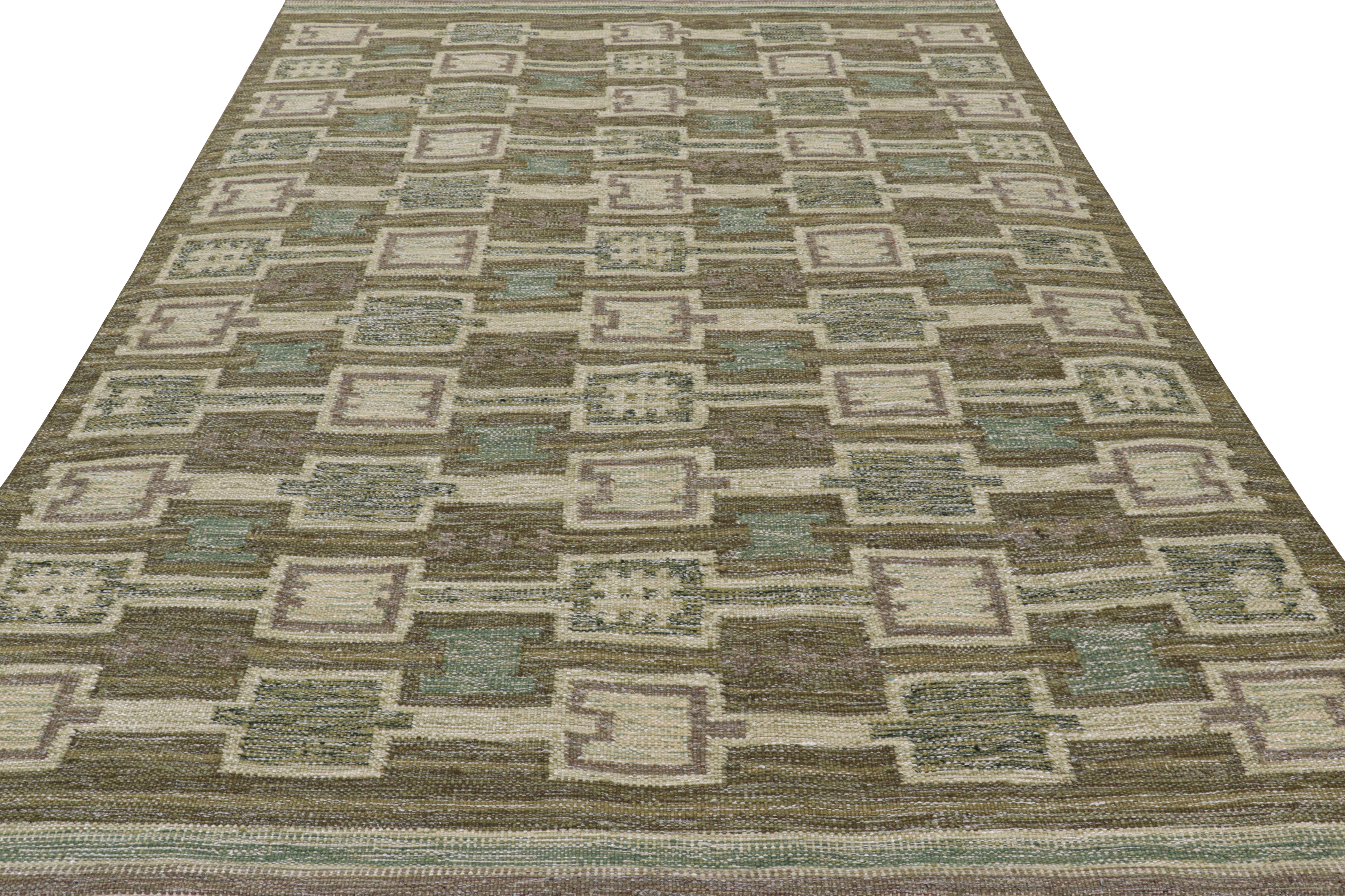 Tessuto a mano Rug & Kilim: Tappeto in stile scandinavo in verde e blu con motivi geometrici in vendita