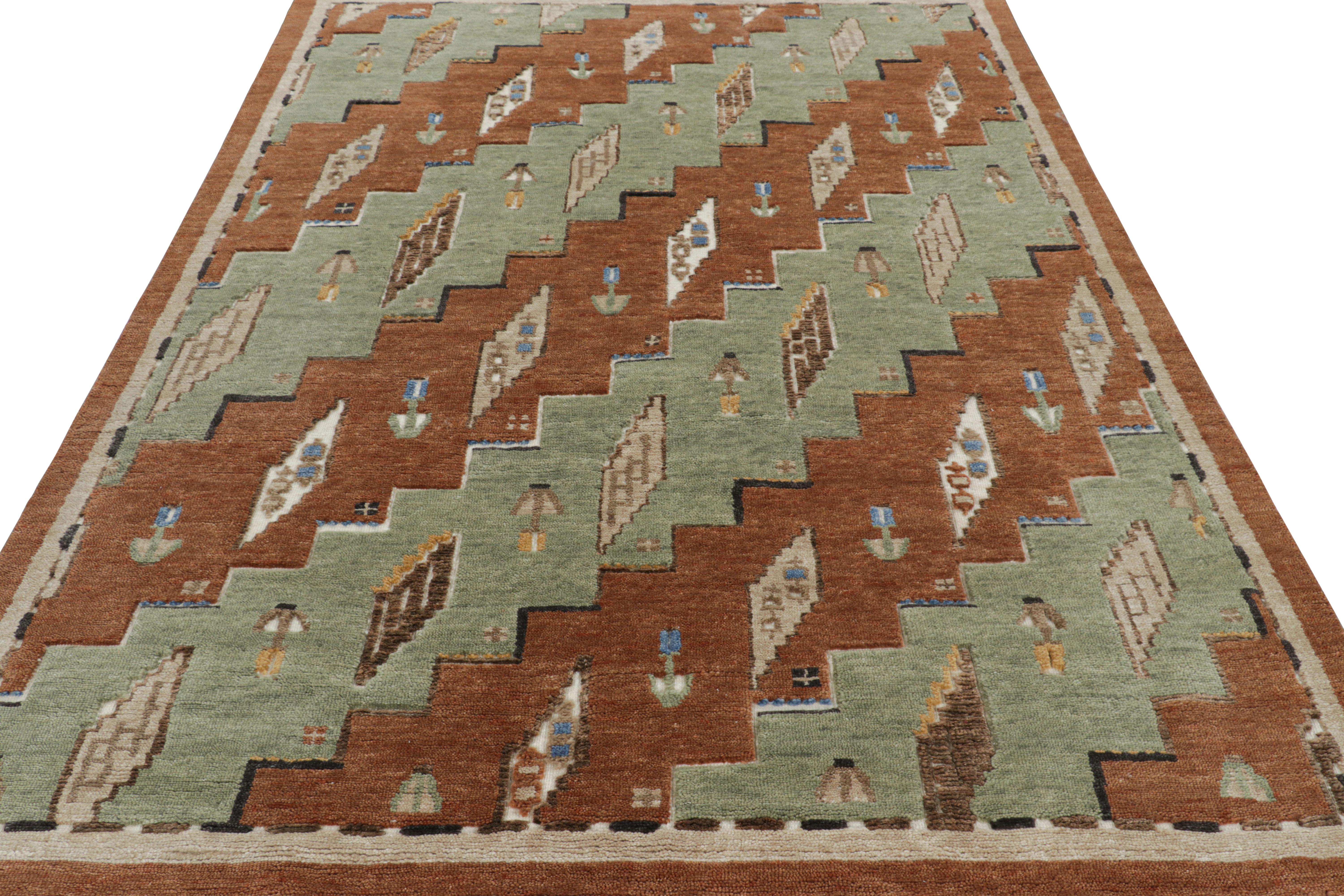 Indien Rug & Kilim's Scandinavian Style Rug in Green and Brown with Geometric Patterns (tapis de style scandinave à motifs géométriques en vert et en brun) en vente