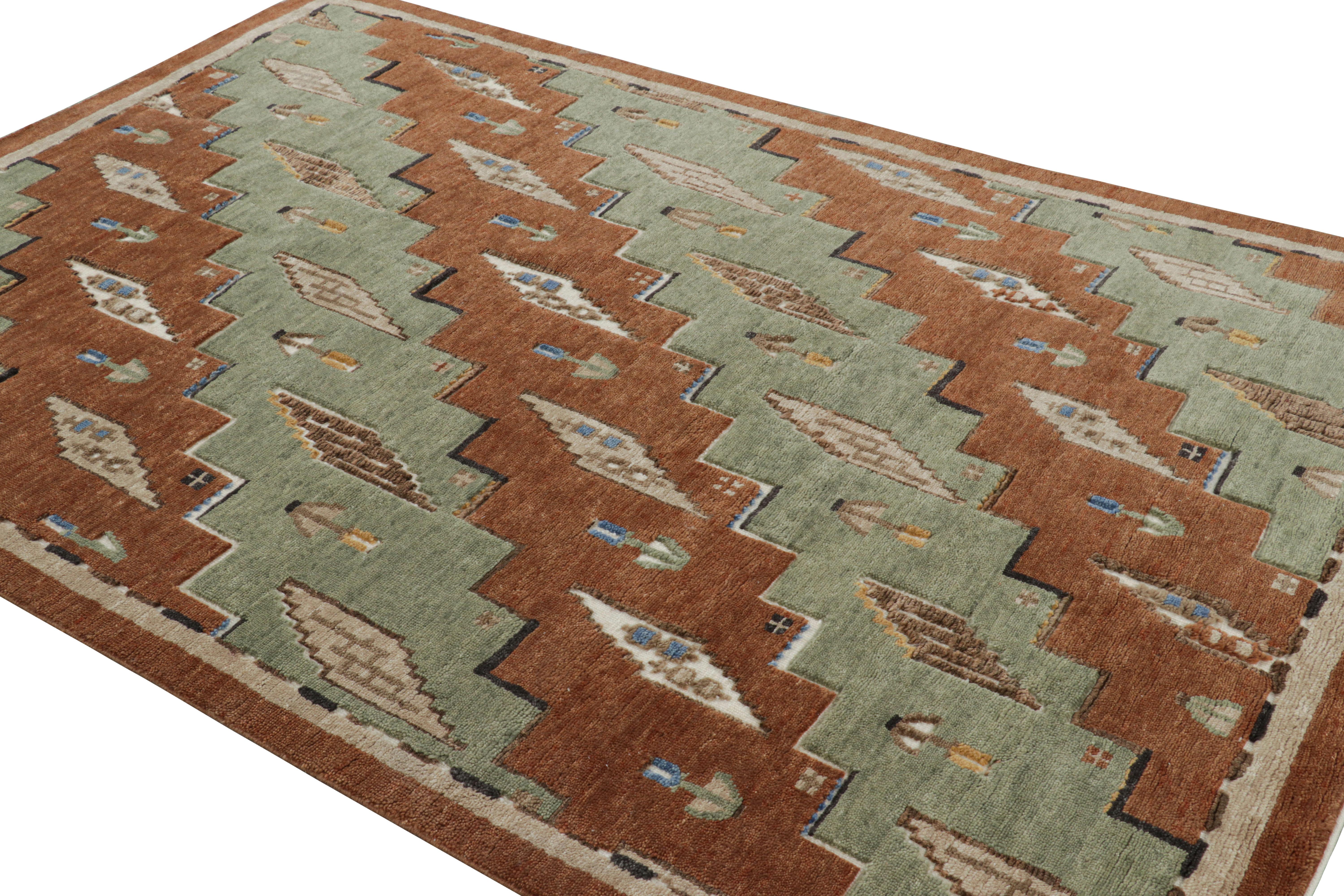 Noué à la main Rug & Kilim's Scandinavian Style Rug in Green and Brown with Geometric Patterns (tapis de style scandinave à motifs géométriques en vert et en brun) en vente