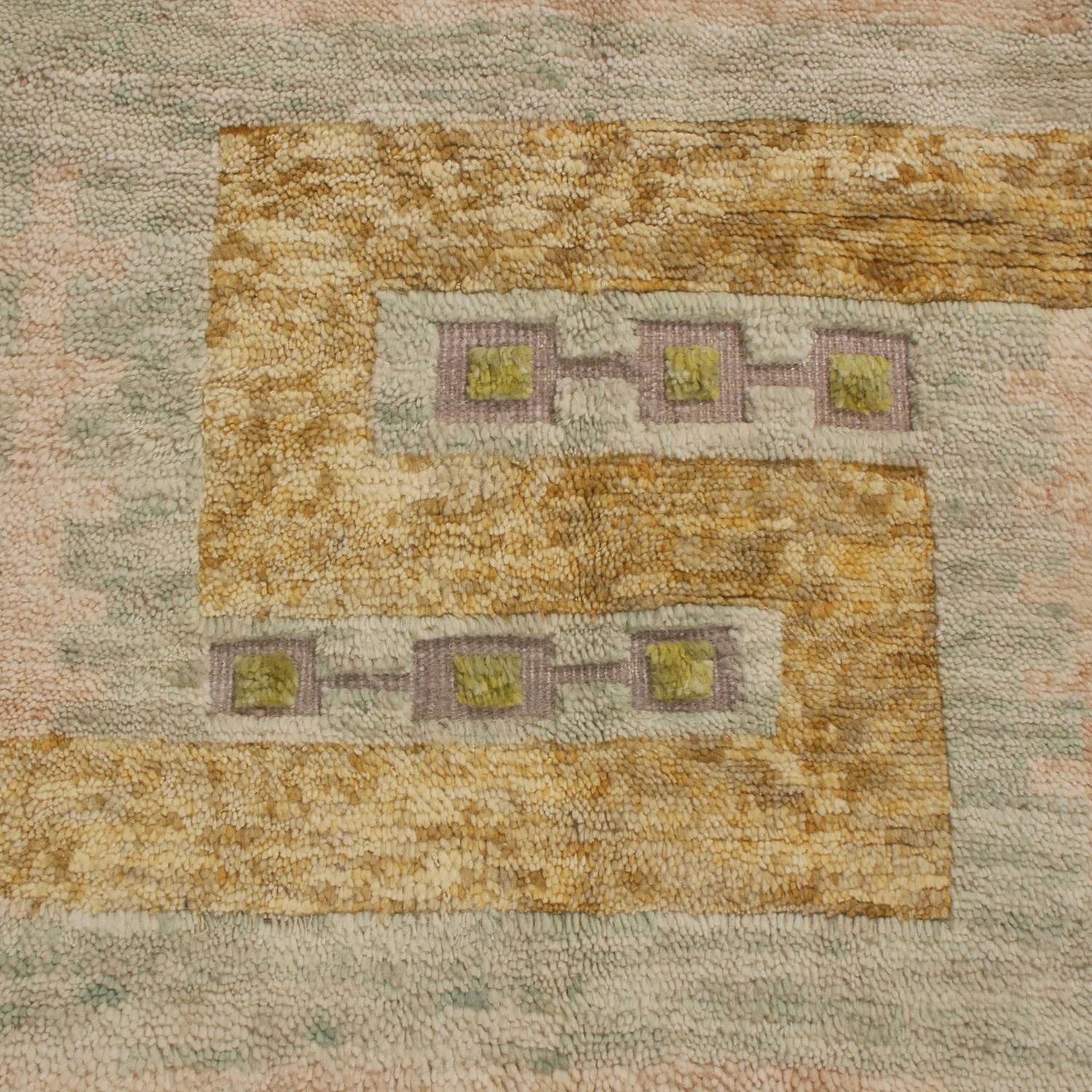 Mid-Century Modern Rug & Kilim’s Scandinavian Style Rug in Green, Beige and Gold Geometric Pattern For Sale