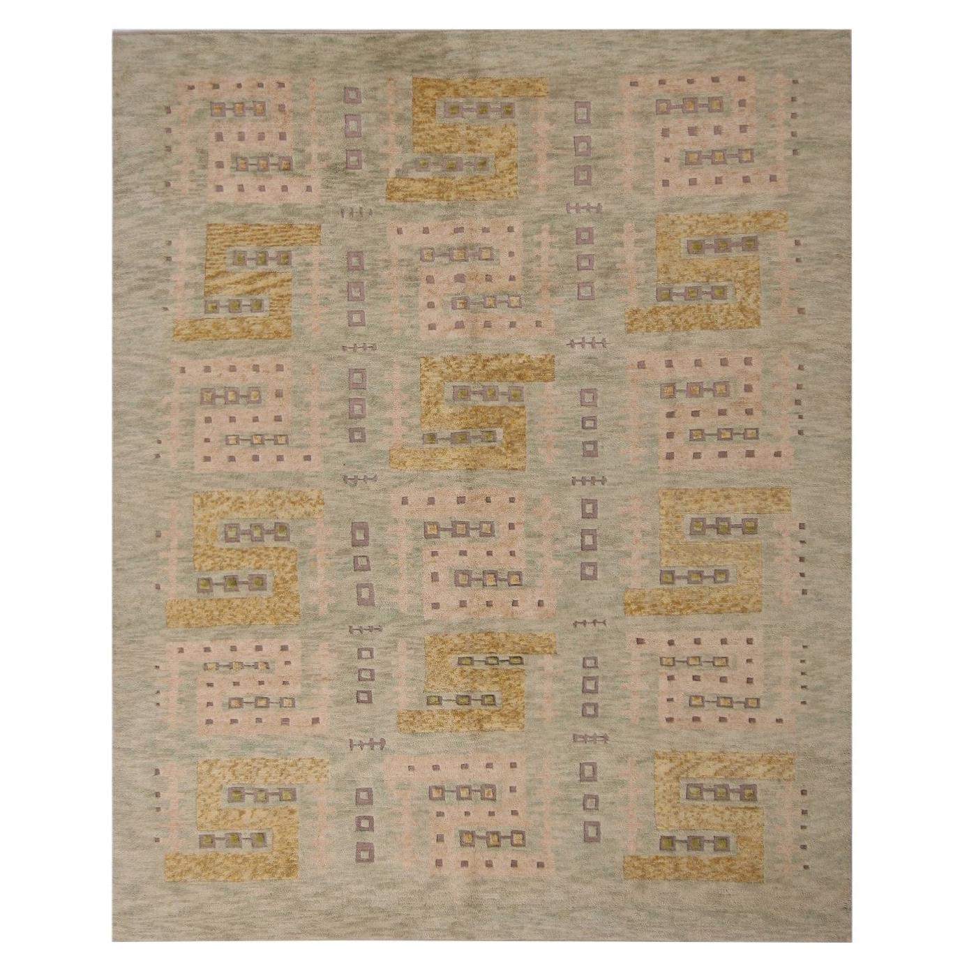 Rug & Kilim’s Scandinavian Style Rug in Green, Beige and Gold Geometric Pattern