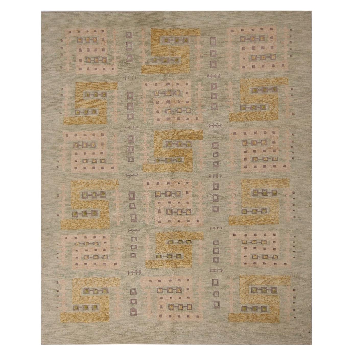 Rug & Kilim’s Scandinavian Style Rug in Green, Beige and Gold Geometric Pattern For Sale