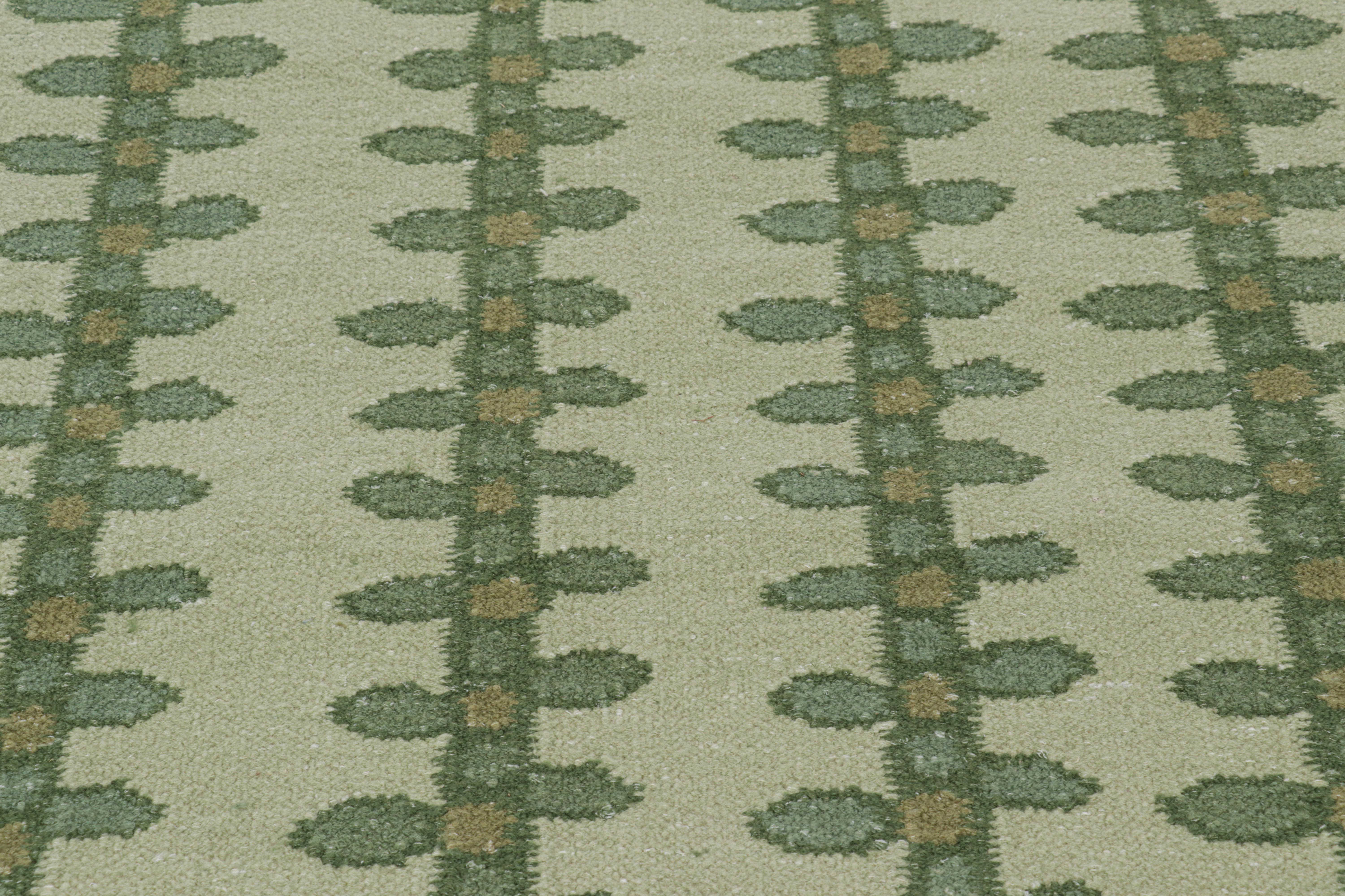 Modern Rug & Kilim’s Scandinavian Style Rug in Green Tones with Floral Stripes For Sale