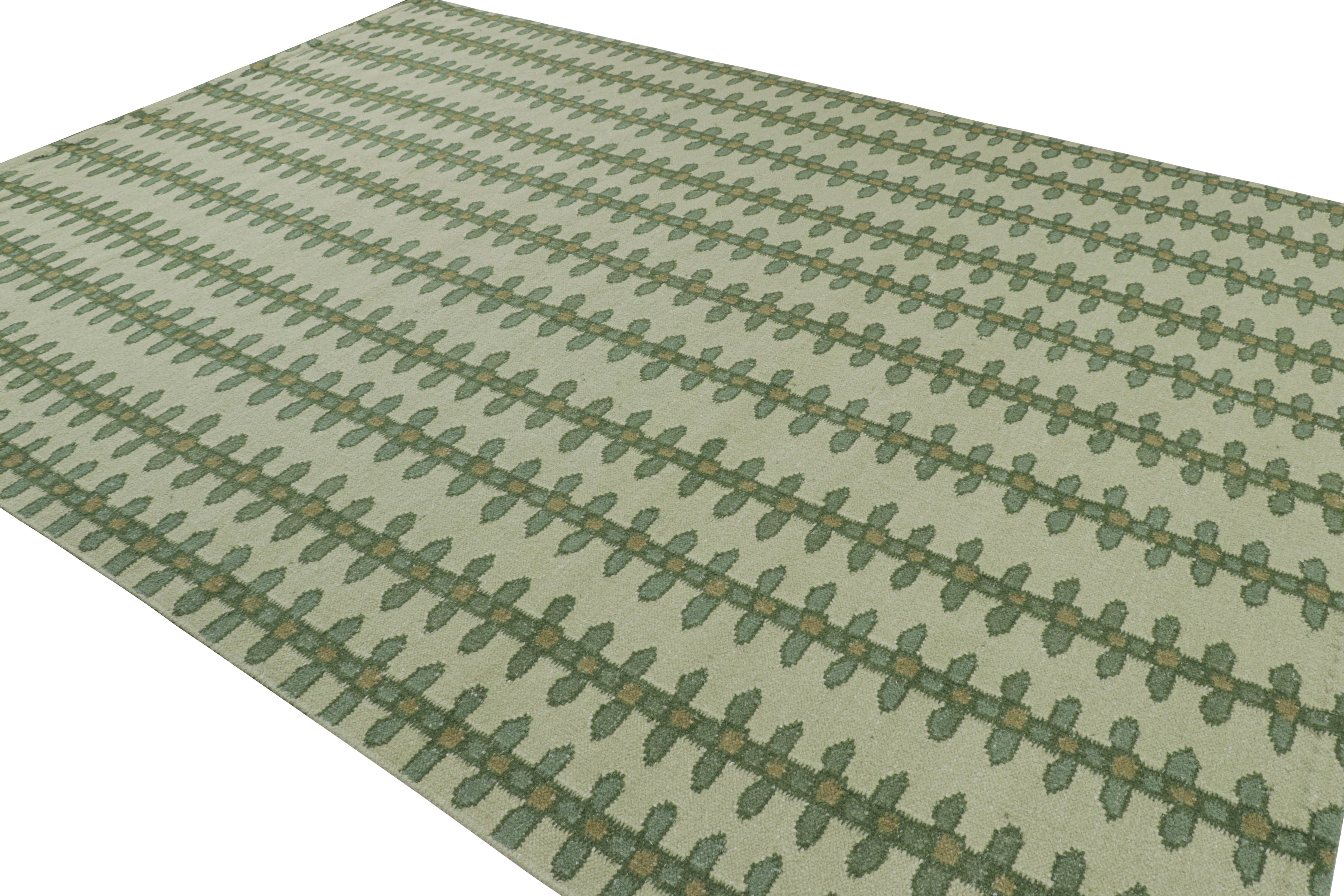 Indian Rug & Kilim’s Scandinavian Style Rug in Green Tones with Floral Stripes For Sale