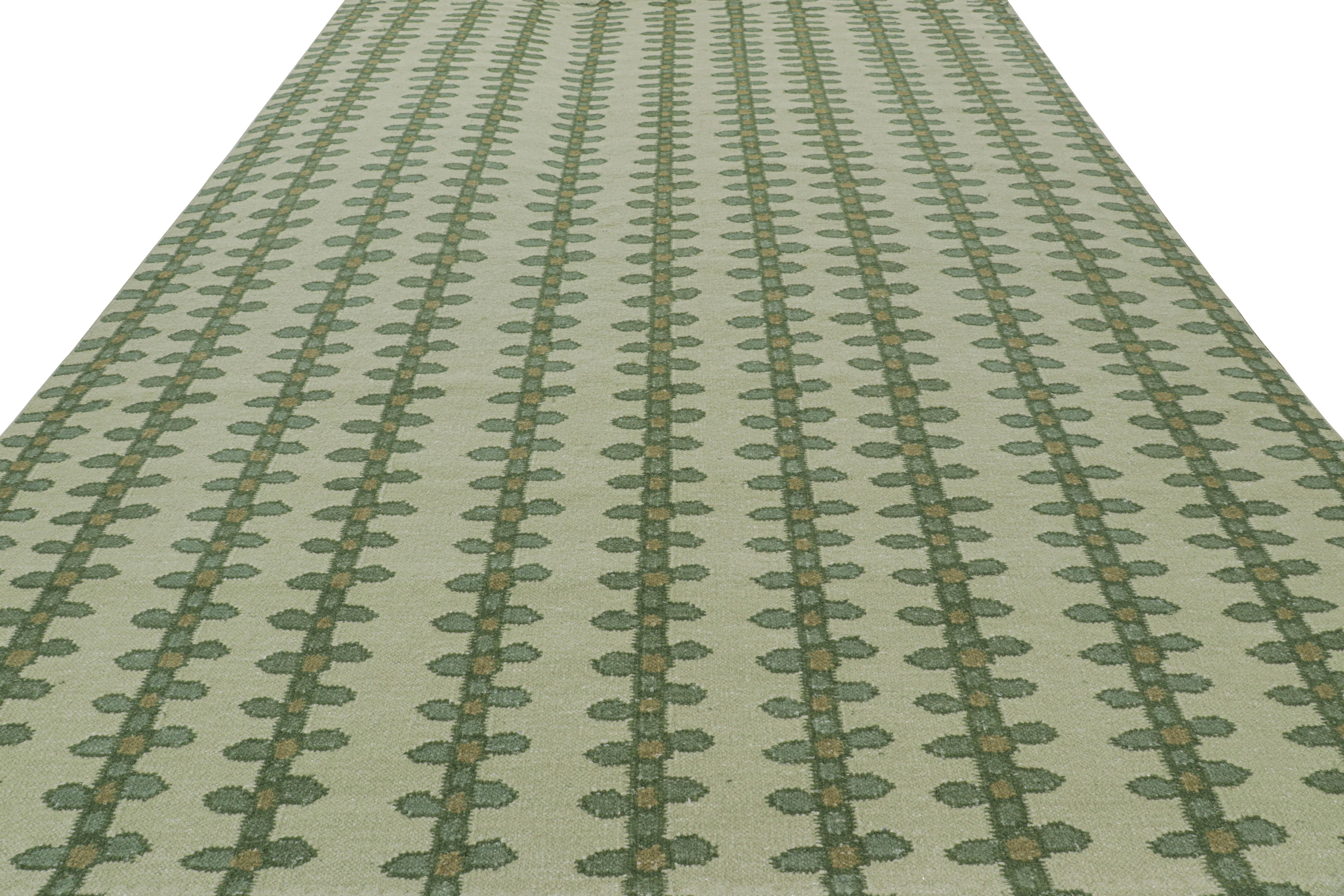 Hand-Woven Rug & Kilim’s Scandinavian Style Rug in Green Tones with Floral Stripes For Sale