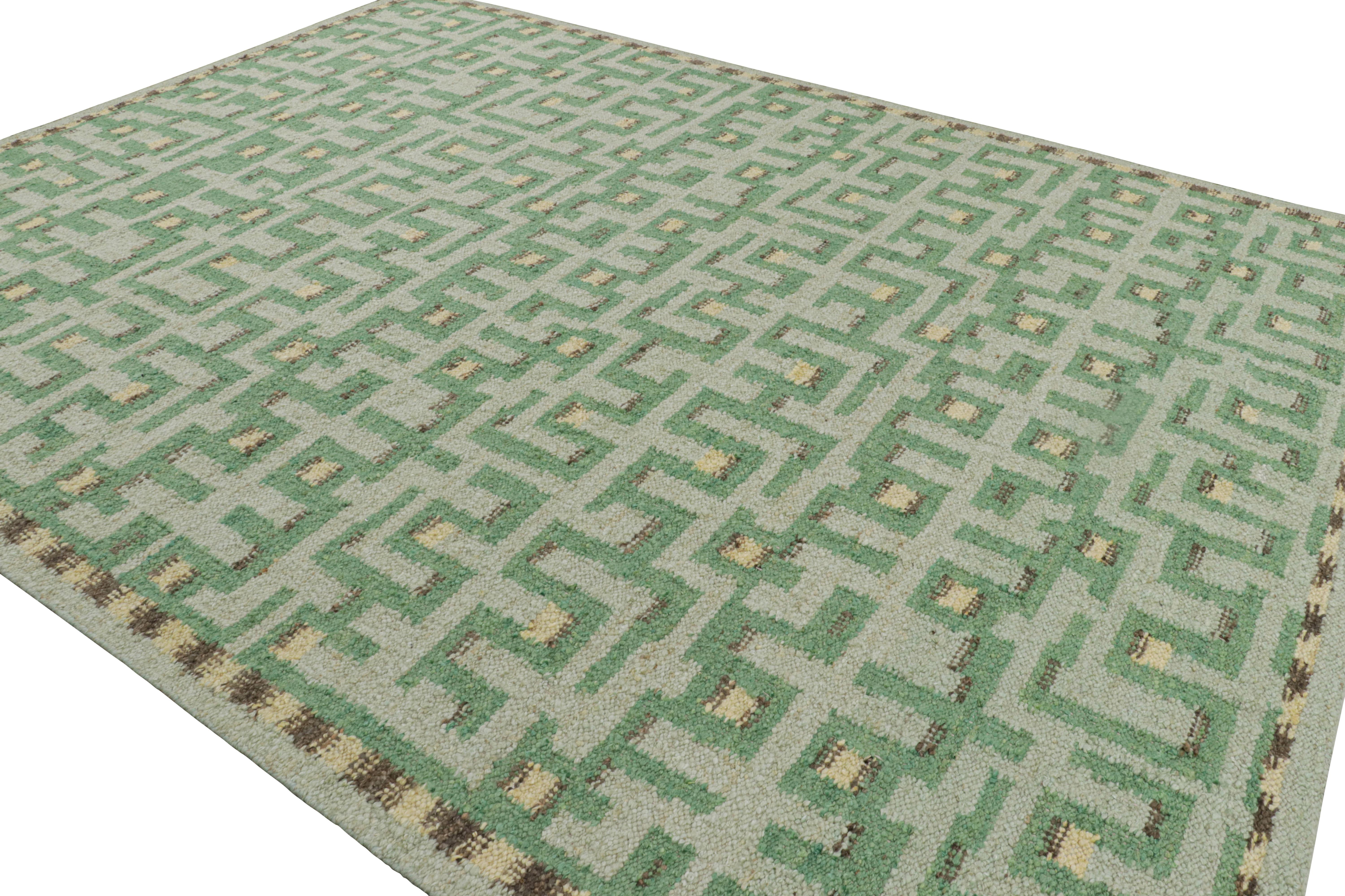 Indian Rug & Kilim’s Scandinavian Style Rug in Green Tones with Geometric Patterns For Sale