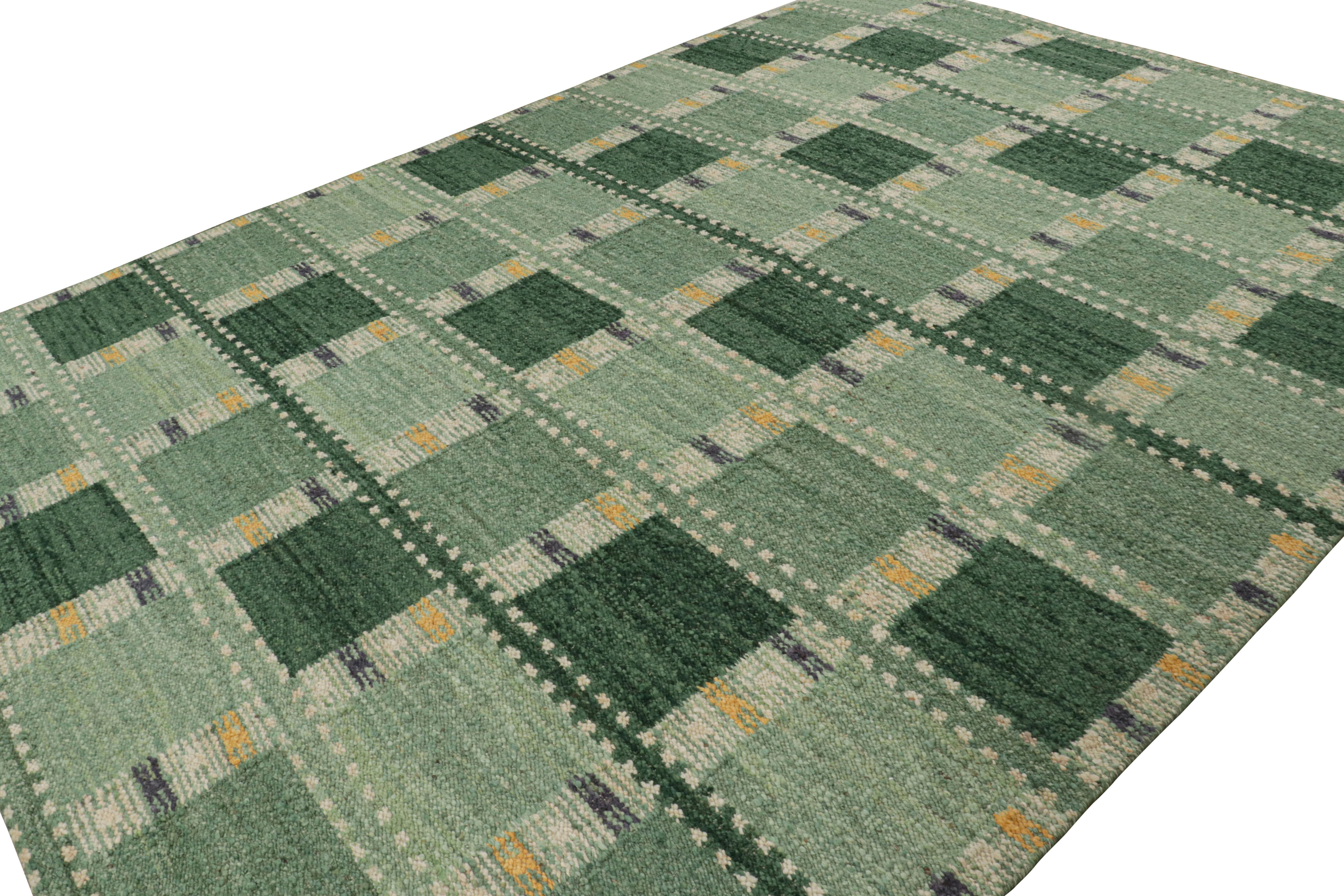 Indian Rug & Kilim’s Scandinavian Style Rug in Green Tones, with Geometric Patterns For Sale