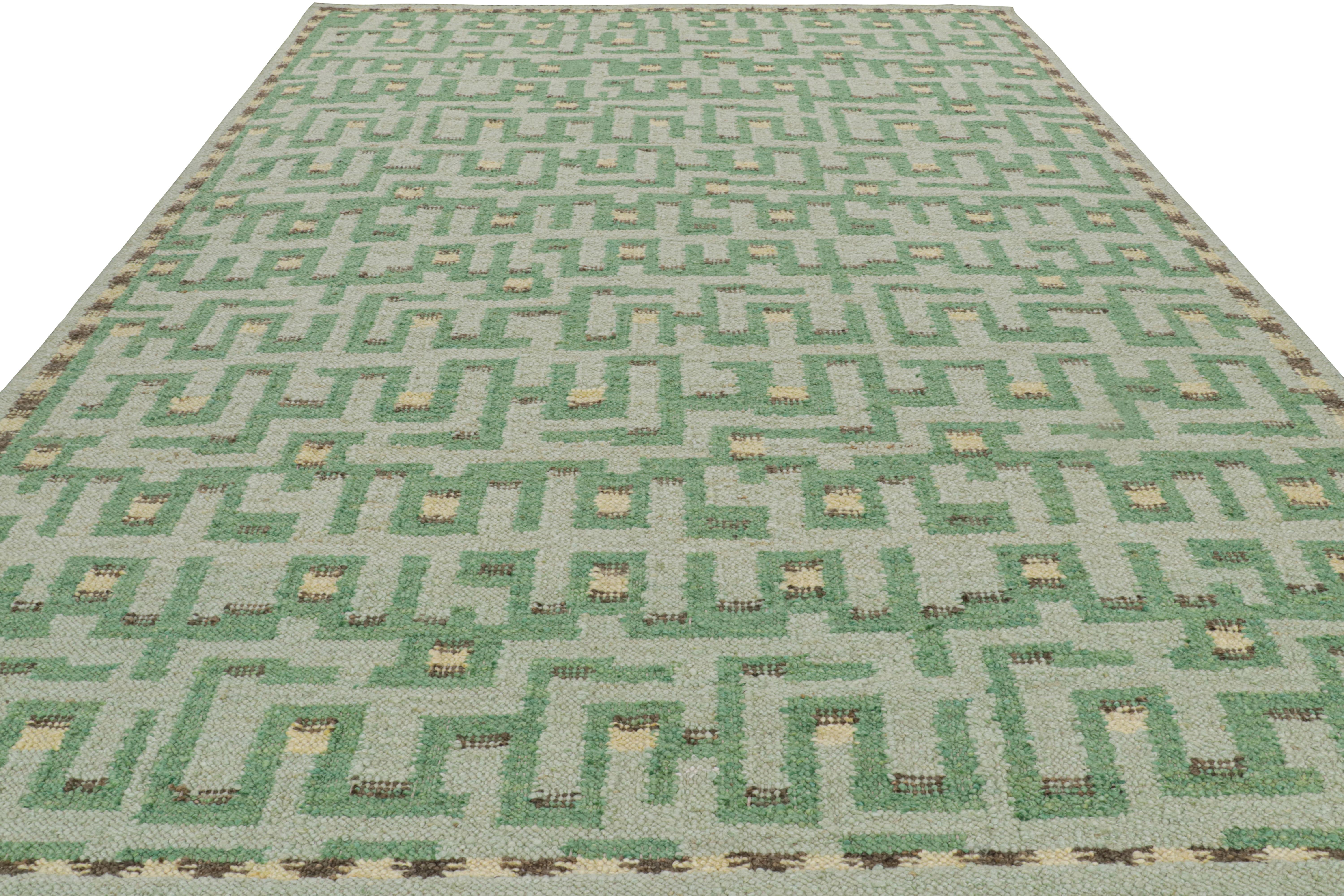 Hand-Woven Rug & Kilim’s Scandinavian Style Rug in Green Tones with Geometric Patterns For Sale