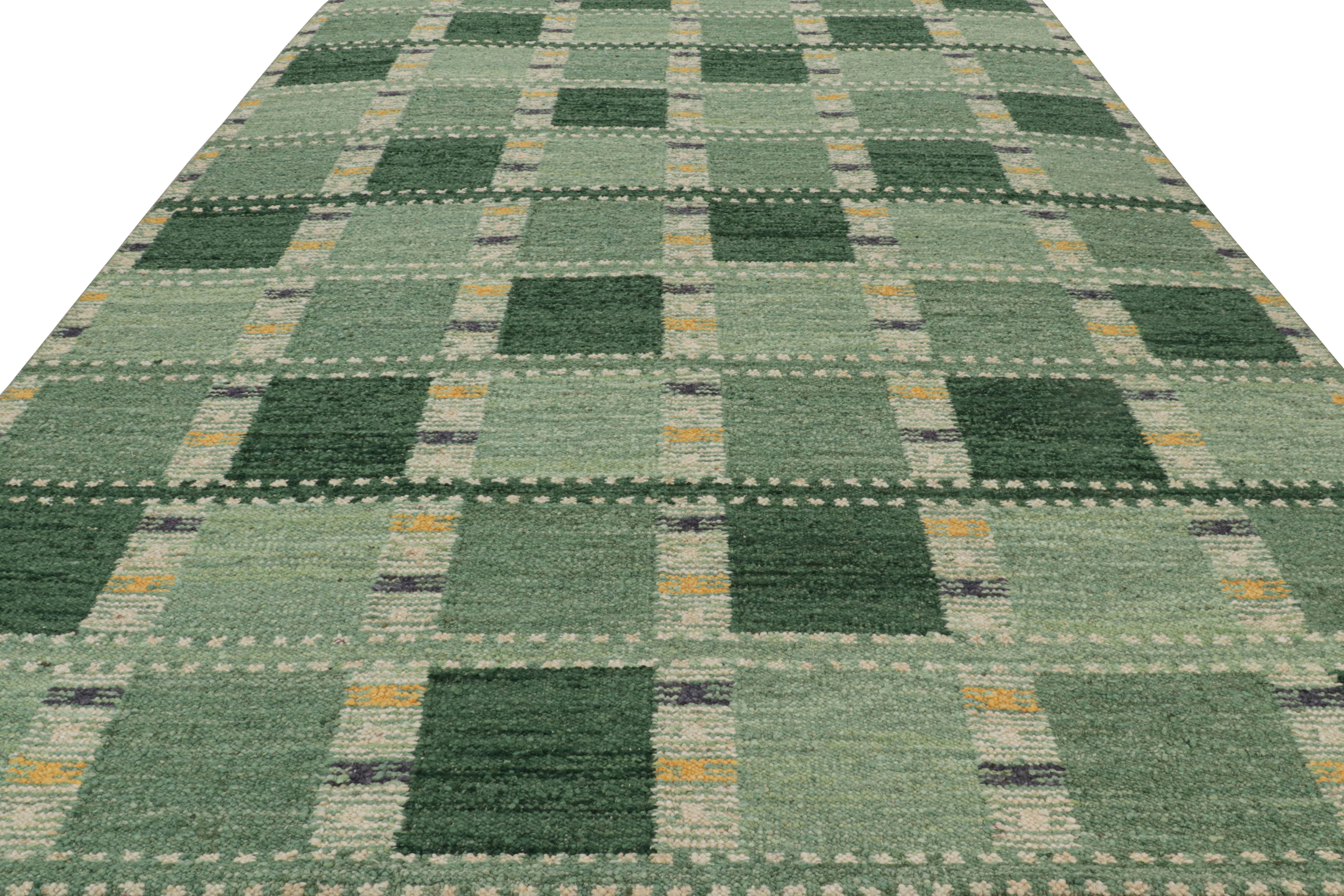 Hand-Woven Rug & Kilim’s Scandinavian Style Rug in Green Tones, with Geometric Patterns For Sale